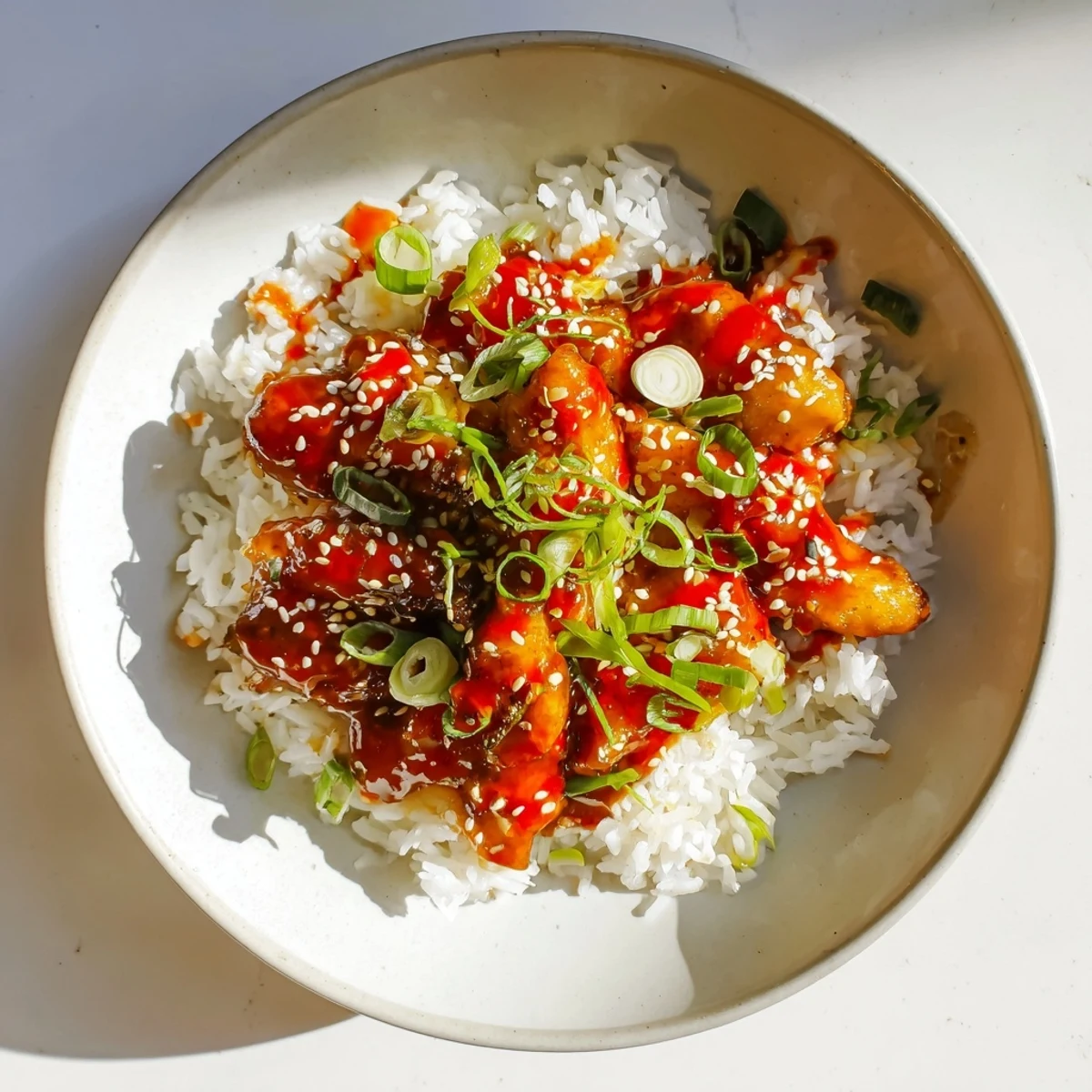 Sweet and spicy cod strips plated with fluffy rice and a drizzle of chili-garlic oil for a fusion main course.