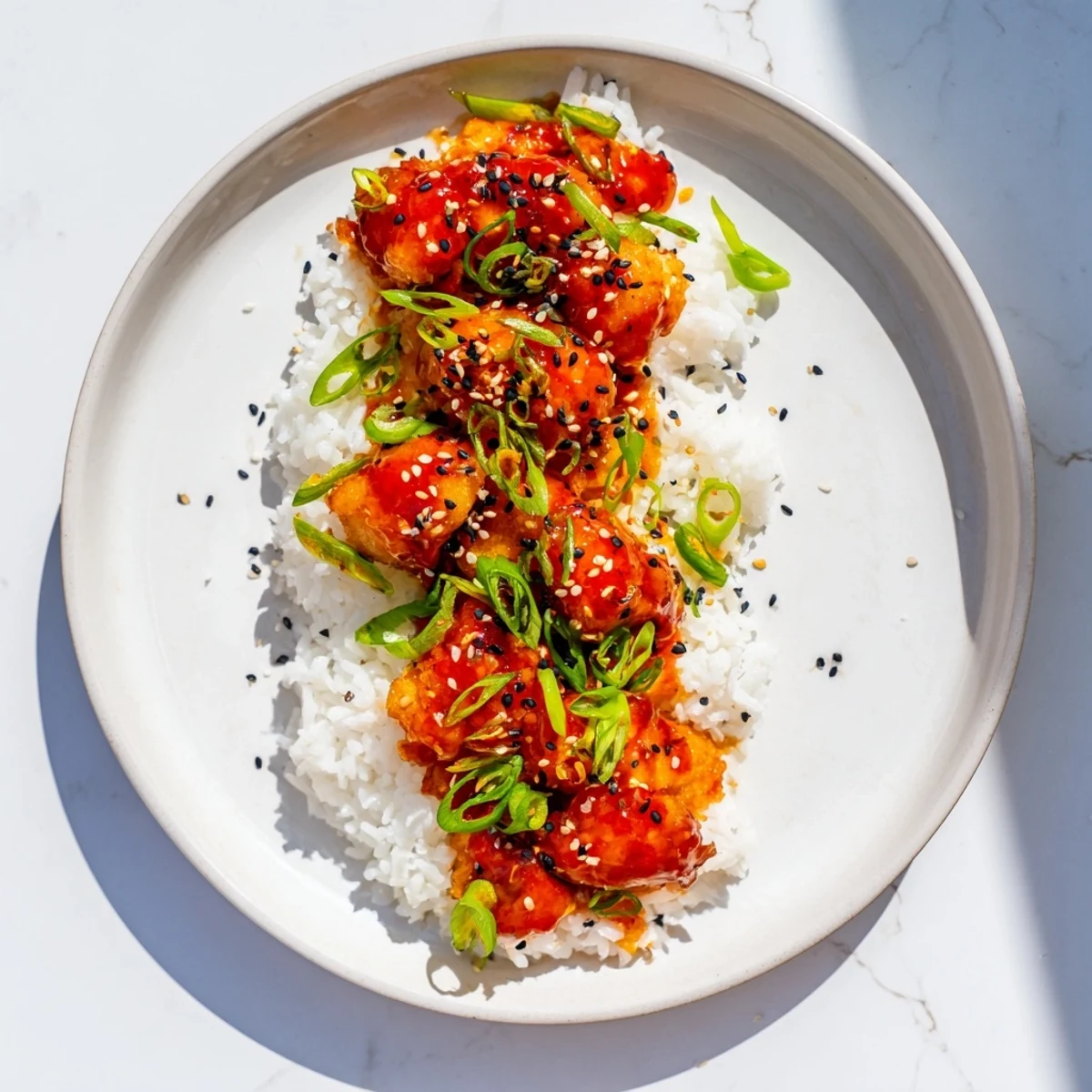 A close-up of tender battered cod strips drizzled in chili-garlic oil served over jasmine rice with sesame seeds garnish.