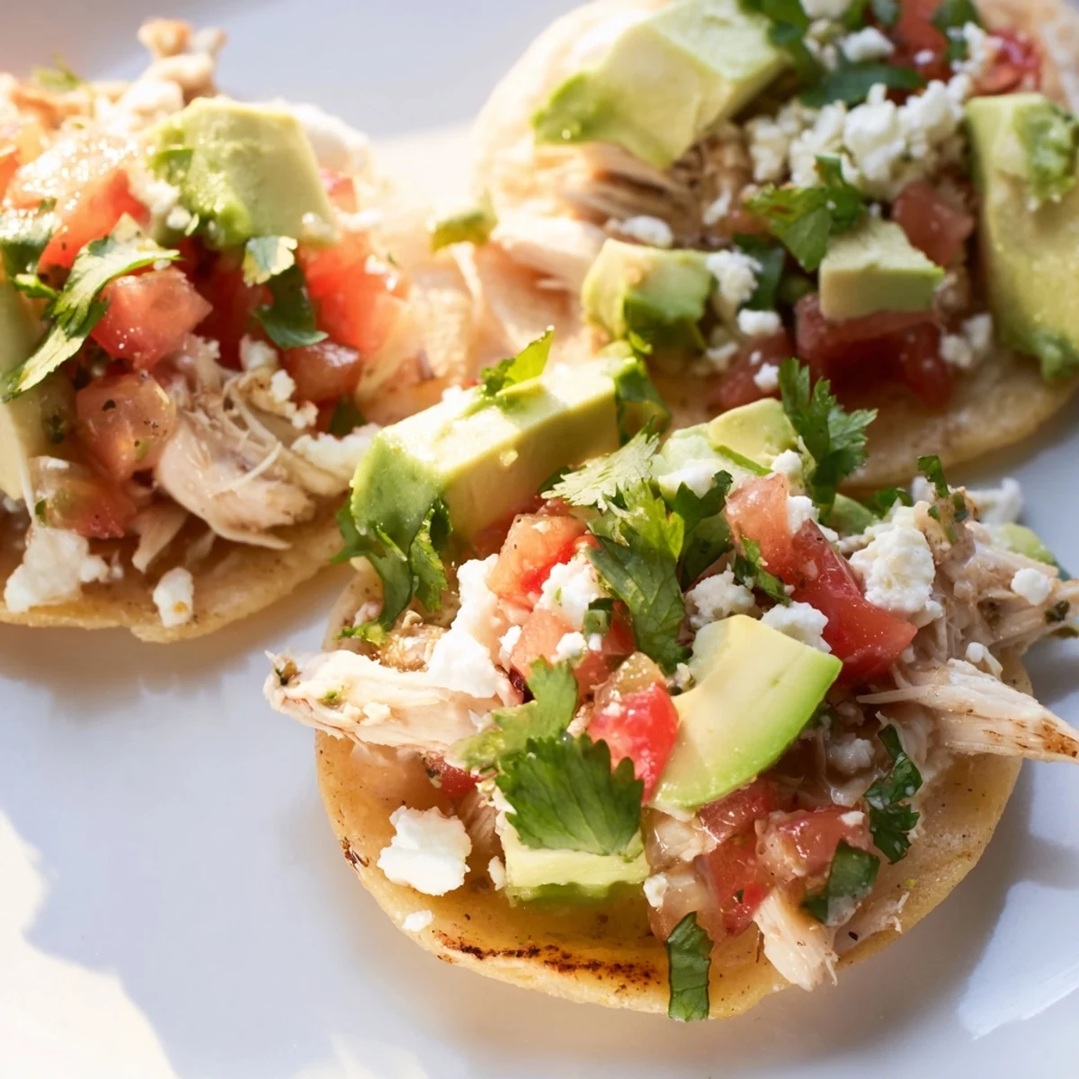A close-up of Mini Chicken Tostadas with seasoned shredded chicken and cilantro garnish.