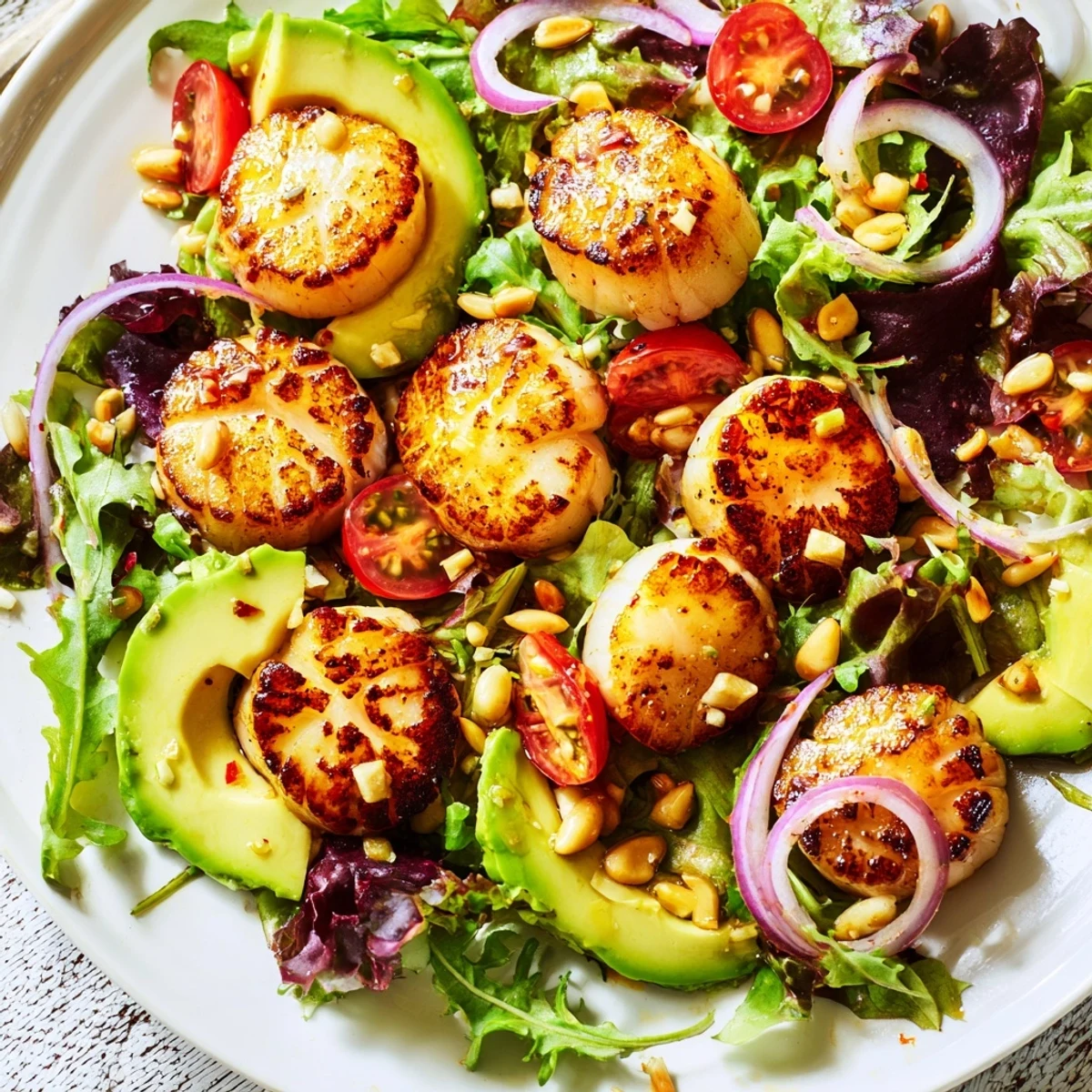 Golden Pan Seared Scallops resting atop a vibrant salad with crisp greens and pomegranate arils.