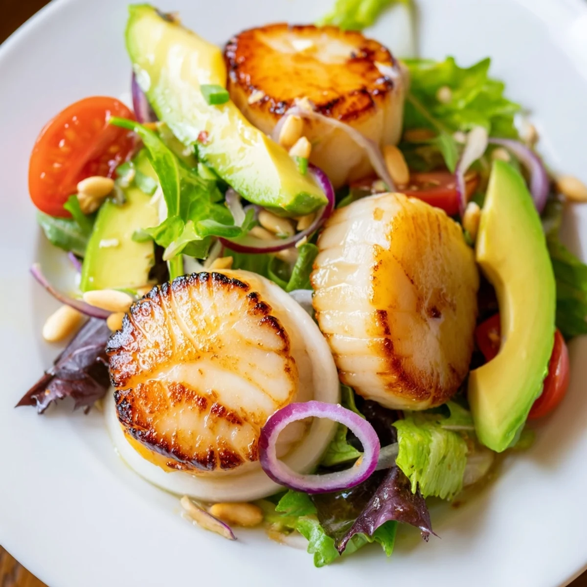 Two perfectly seared scallops glisten on a bed of mixed baby greens and avocado slices.