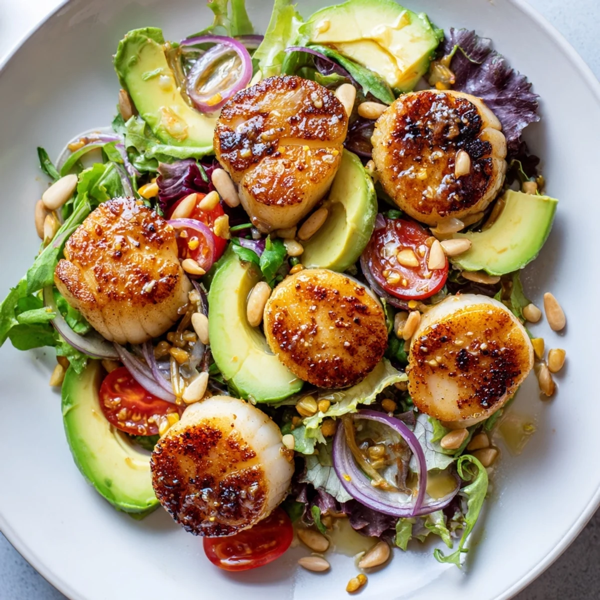 Pan Seared Scallops served warm, paired with tangy citrus vinaigrette and toasted pine nuts.