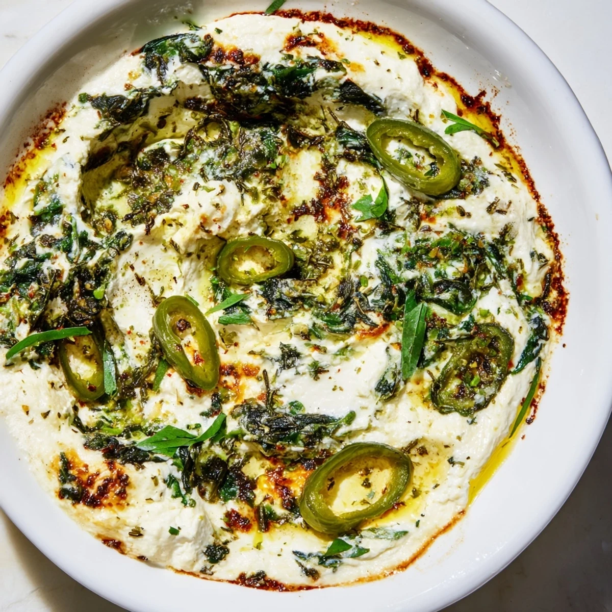 Golden bubbly Spinach and Pepperoncini Baked Feta Dip fresh from the oven with vibrant green spinach and tangy pepperoncini slices.