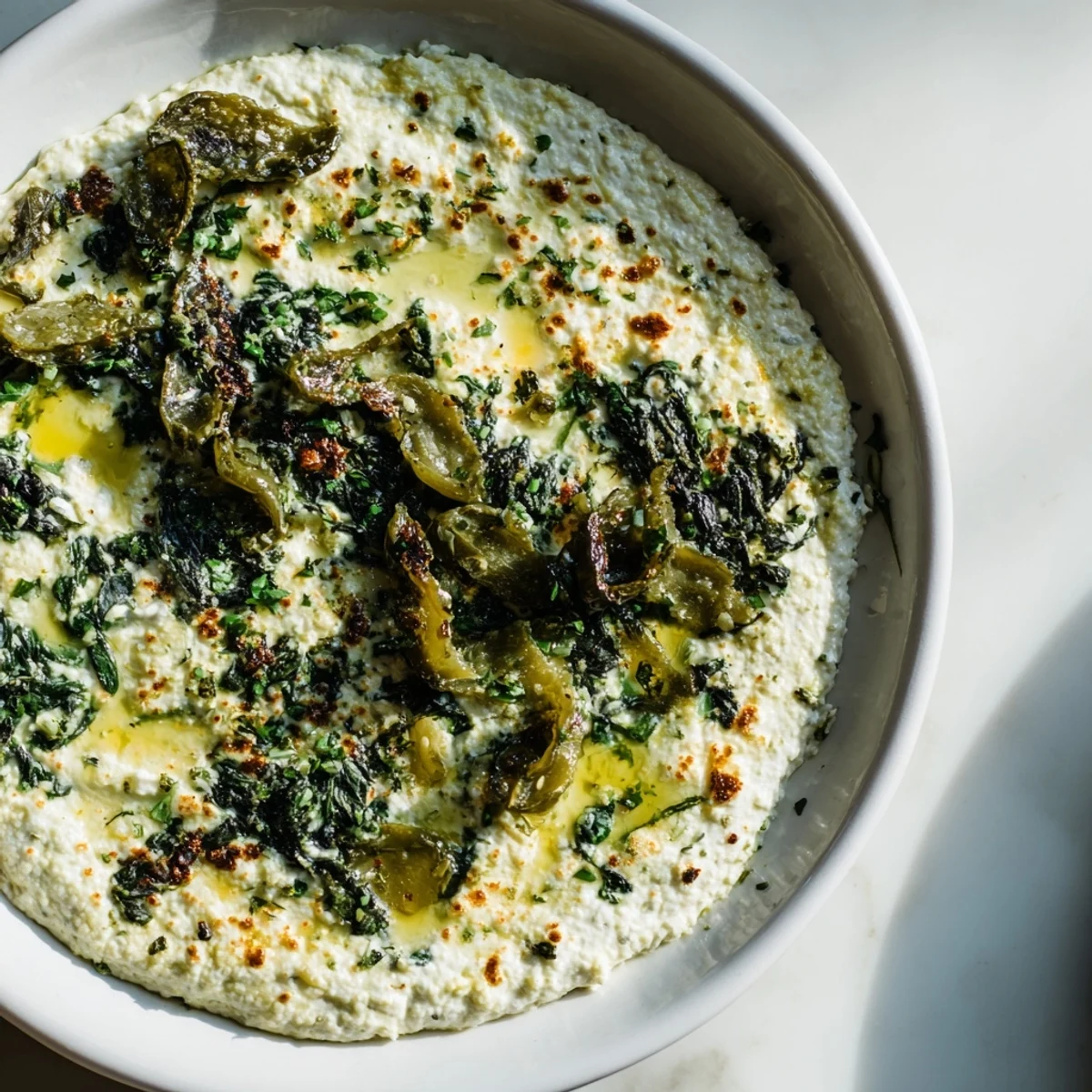 A close-up of creamy Spinach and Pepperoncini Baked Feta Dip garnished with fresh dill, served alongside crispy pita chips for dipping.