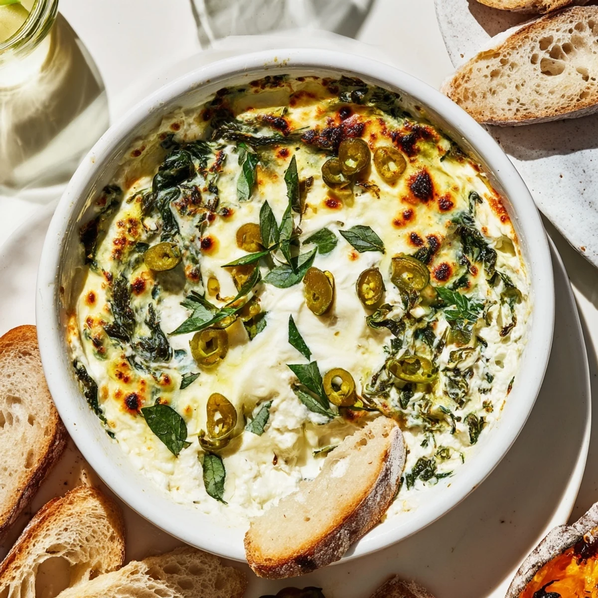 Warm Mediterranean-inspired Spinach and Pepperoncini Baked Feta Dip with melted feta, visible spinach leaves, and sliced pepperoncini in a rustic baking dish.