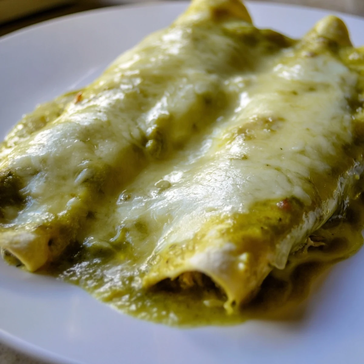 Golden-brown baked Green Enchiladas With Chicken bubbling with melted Monterey Jack cheese and topped with fresh cilantro.