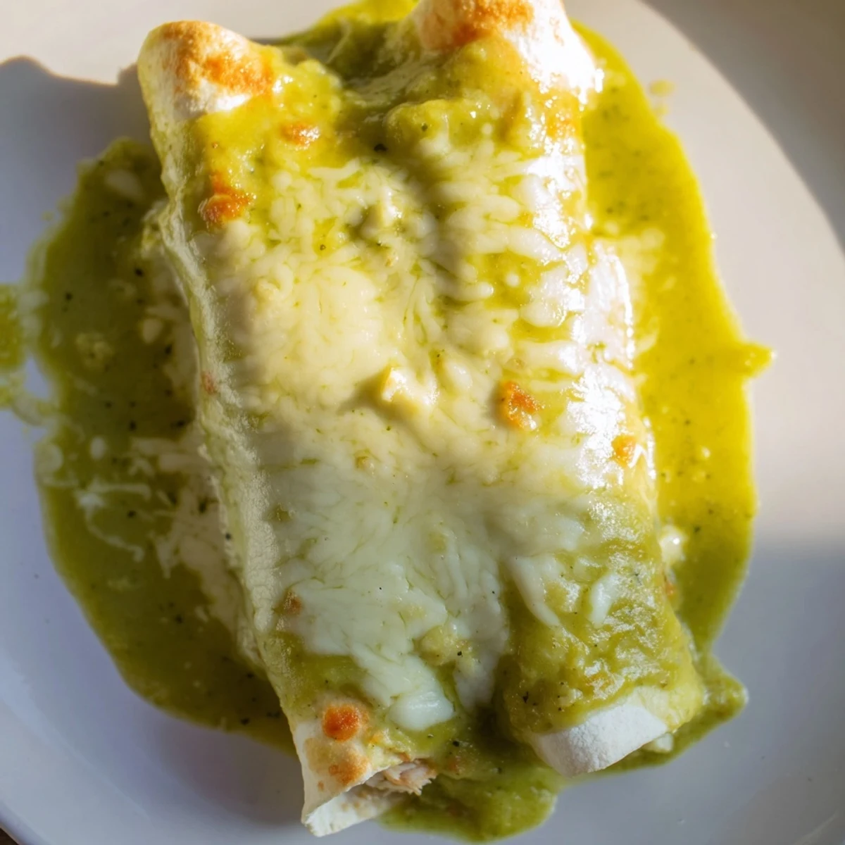 Freshly baked Green Enchiladas With Chicken rolled in corn tortillas and smothered in tangy green sauce.