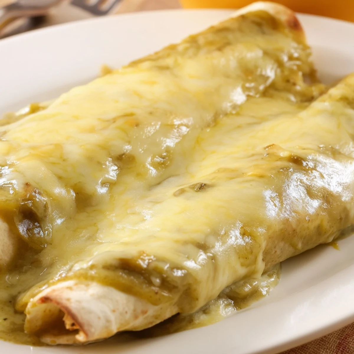 A close-up of saucy Green Enchiladas With Chicken served on a plate with creamy avocado and sour cream.