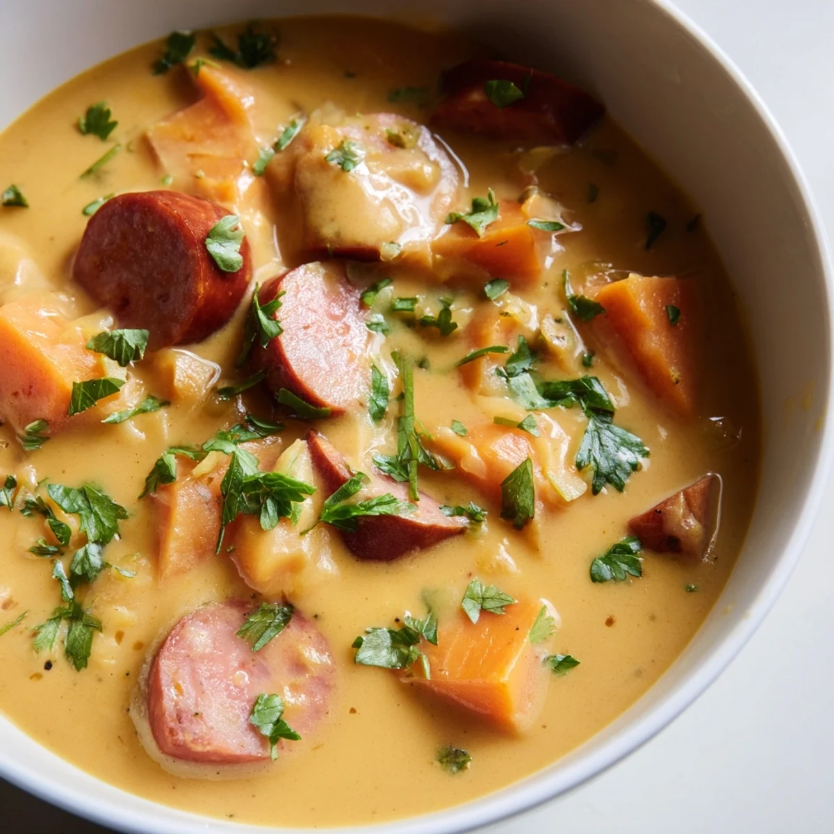 A close-up view of Creamy Sweet Potato and Sausage Soup featuring tender vegetable chunks and savory sausage slices.