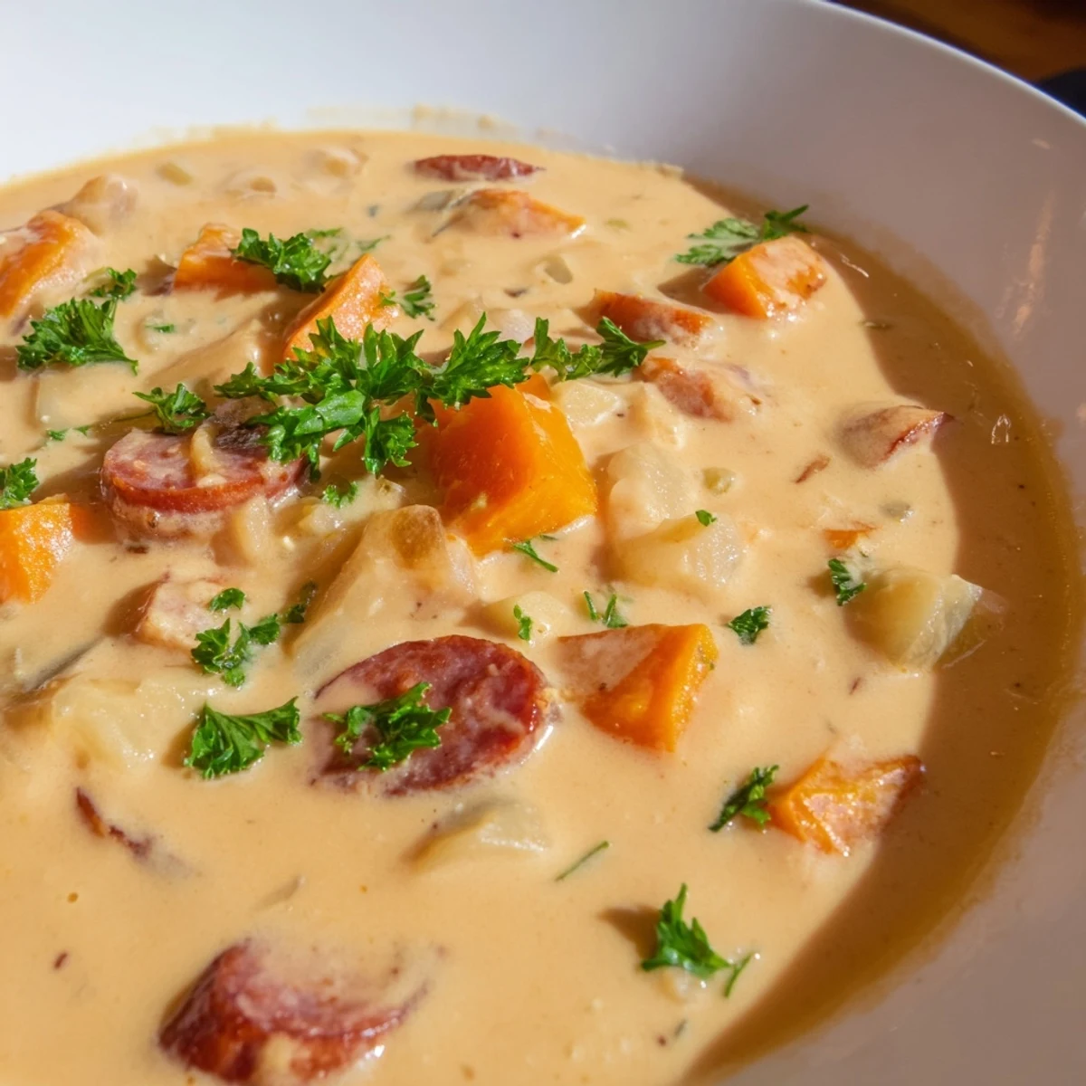 Creamy Sweet Potato and Sausage Soup ladled into a rustic bowl garnished with fresh parsley, steaming gently.