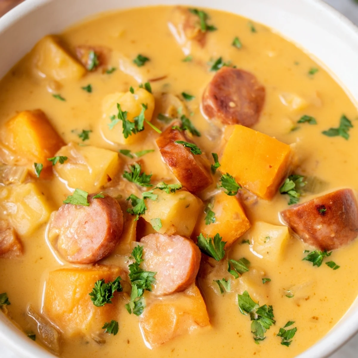 Serving suggestion for Creamy Sweet Potato and Sausage Soup paired with crusty gluten-free bread on a wooden table.