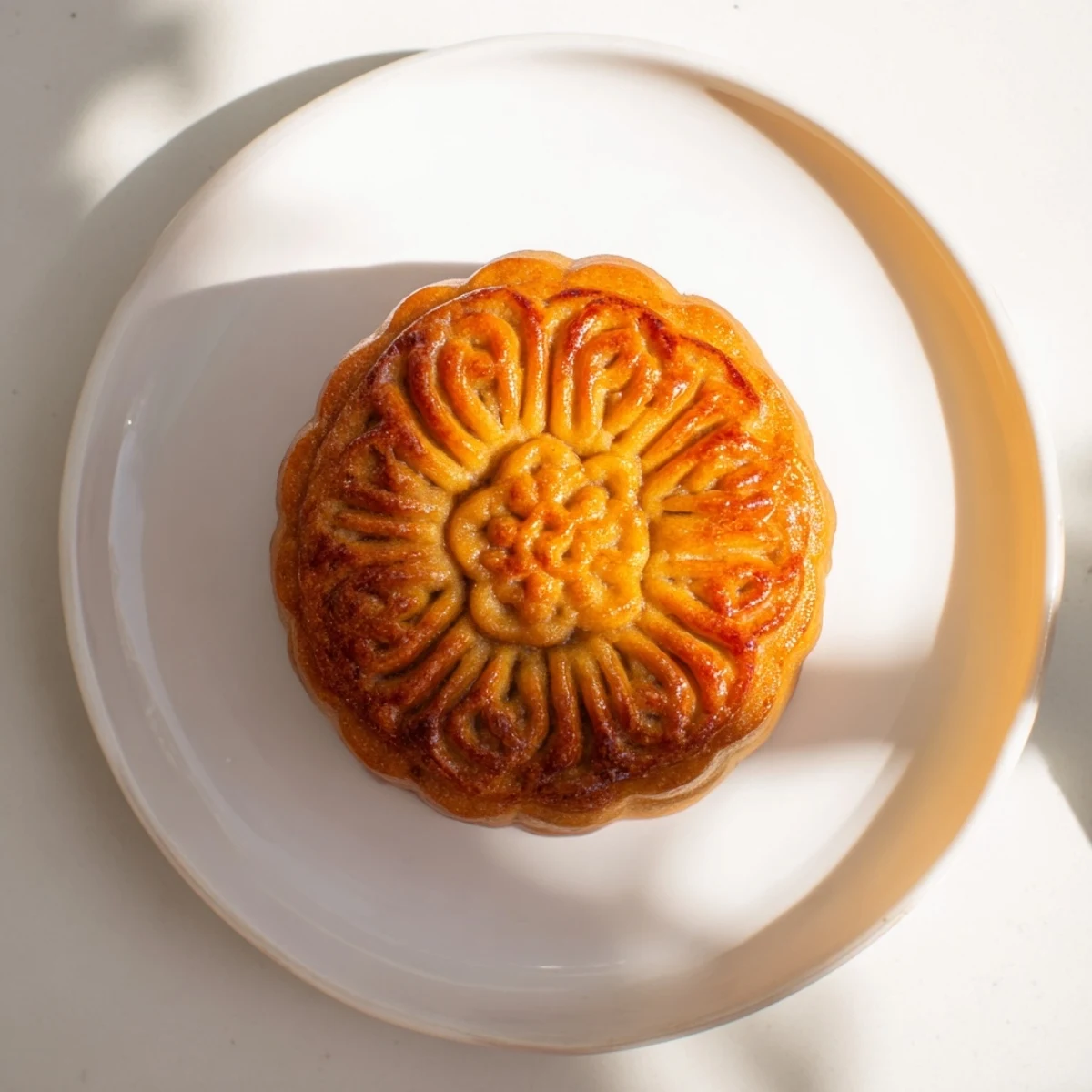 Traditional mooncakes display a deep golden-brown, flaky pastry crust next to a cup of hot Chinese tea for serving.