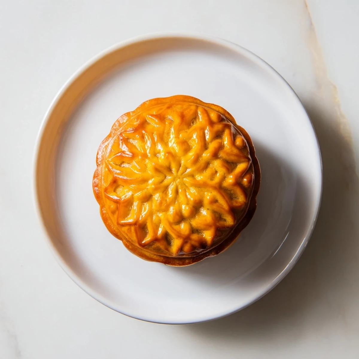 Golden mooncakes with an intricate floral pattern sit on a cooling rack, revealing a tender crust and sweet lotus seed filling.