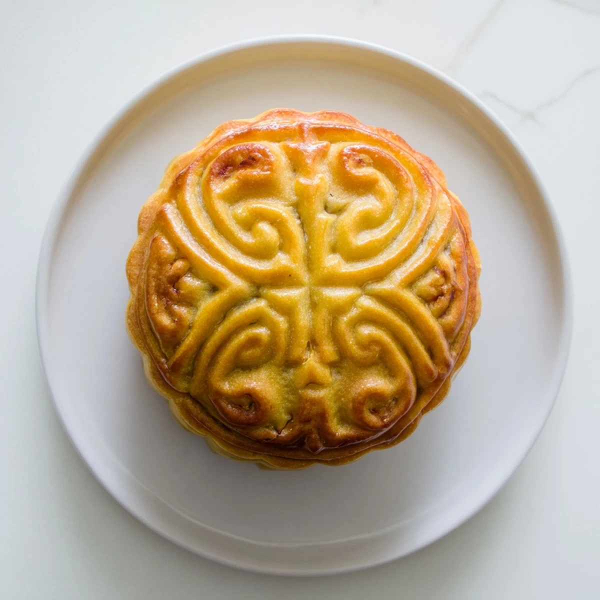 Freshly baked mooncakes rest on parchment, showcasing a glossy egg wash glaze and a dense, sweet lotus paste interior.
