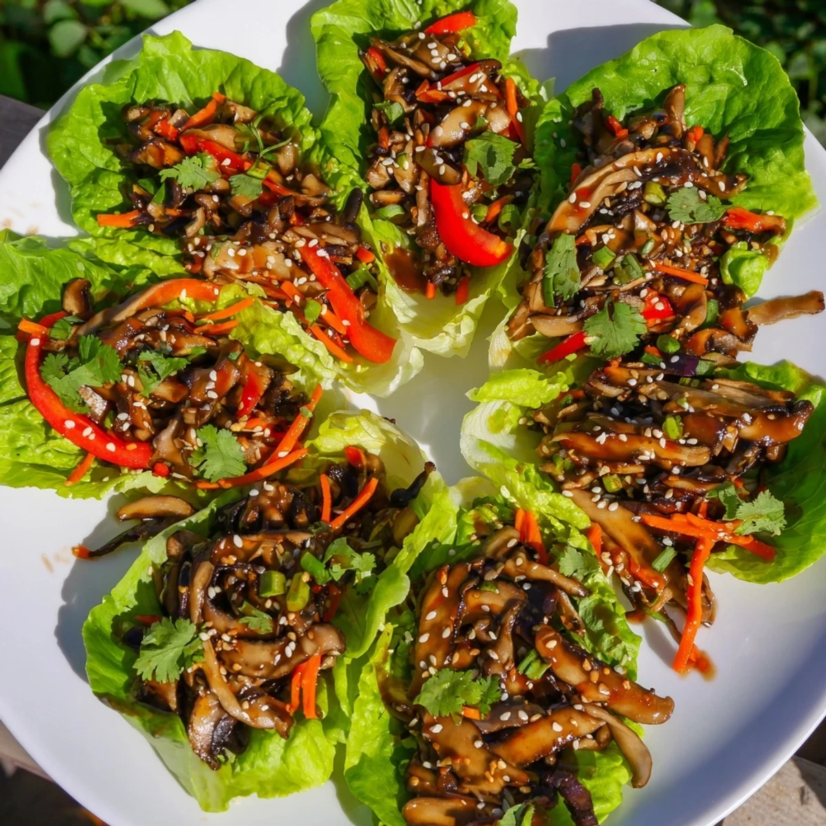 Crisp butter lettuce cups filled with savory sautéed shiitake mushroom lettuce wraps, garnished with fresh cilantro and toasted sesame seeds.