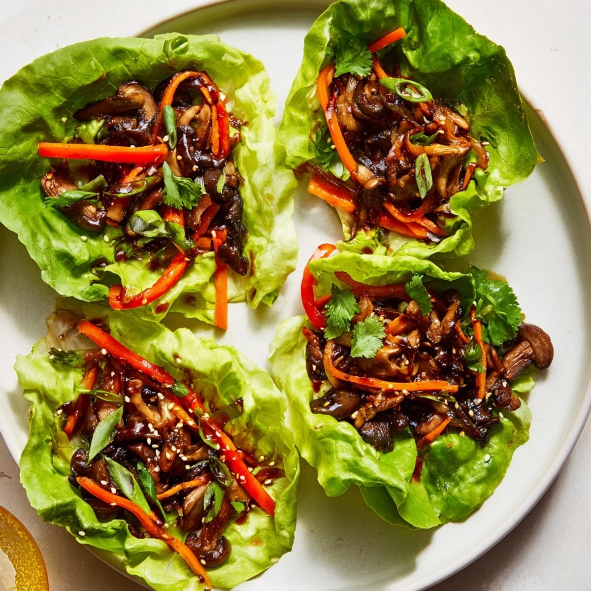 A close-up of tender shiitake mushroom lettuce wraps ready to serve, showcasing the glossy Asian-inspired sauce and vibrant green lettuce.