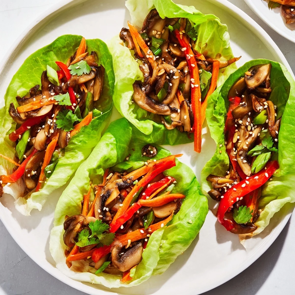 Freshly prepared shiitake mushroom lettuce wraps displayed on a plate with julienned carrots and red bell peppers for a colorful appetizer.
