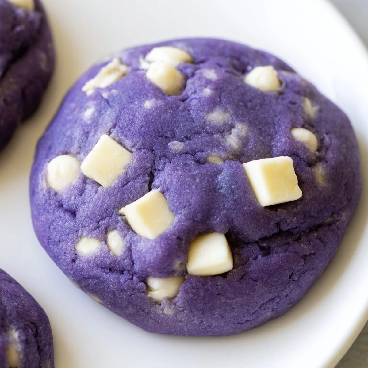 Freshly baked White Chocolate Ube Cookies with vibrant purple hues and creamy white chips on a cooling rack.