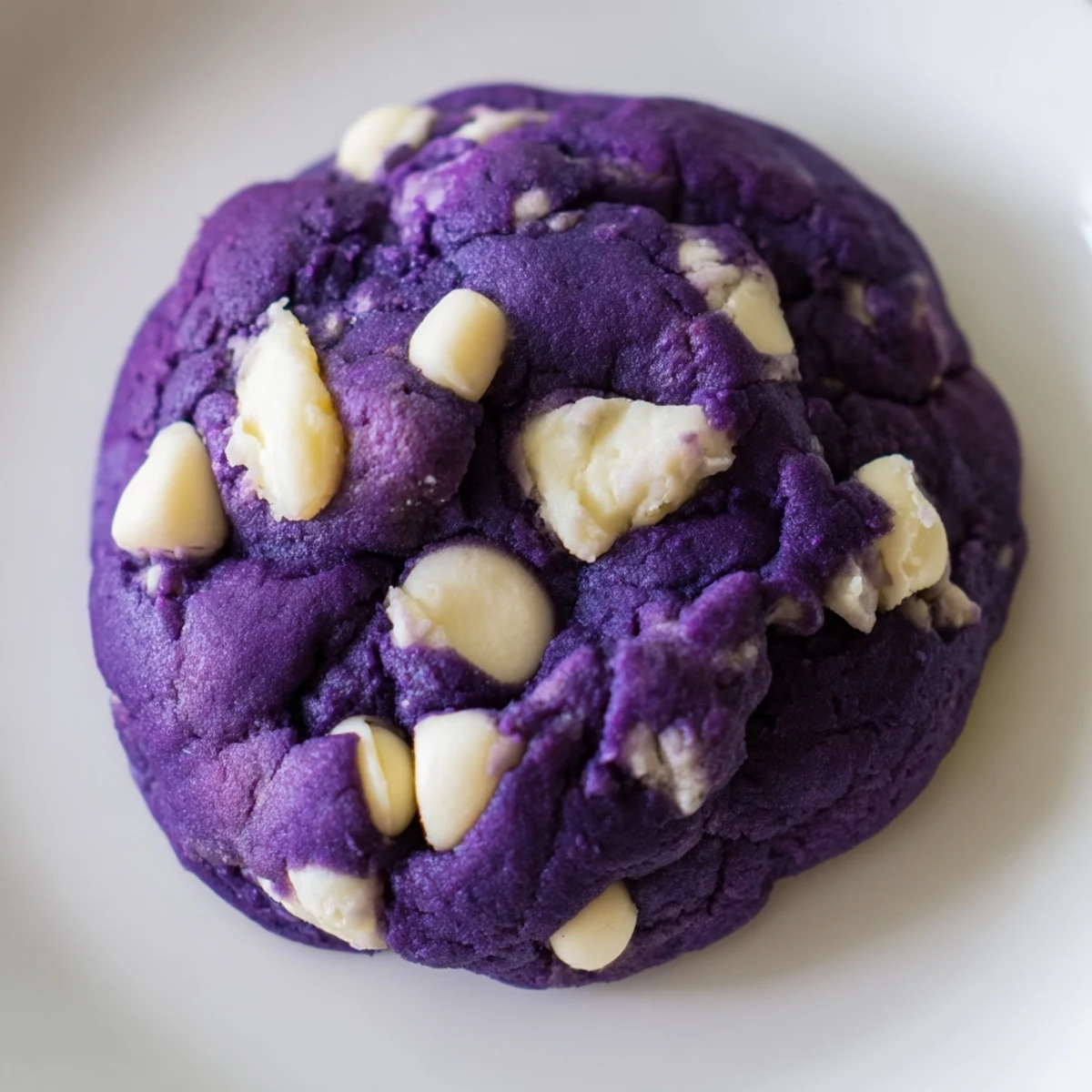 A close-up of soft White Chocolate Ube Cookies showing chewy texture and gooey white chocolate melting inside.