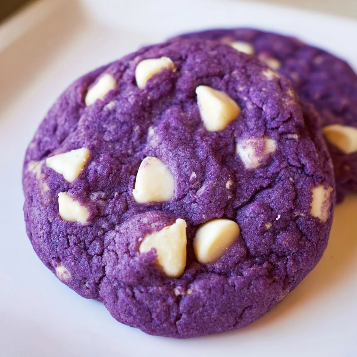 Plate of warm White Chocolate Ube Cookies served with a glass of milk and fresh ube jam.