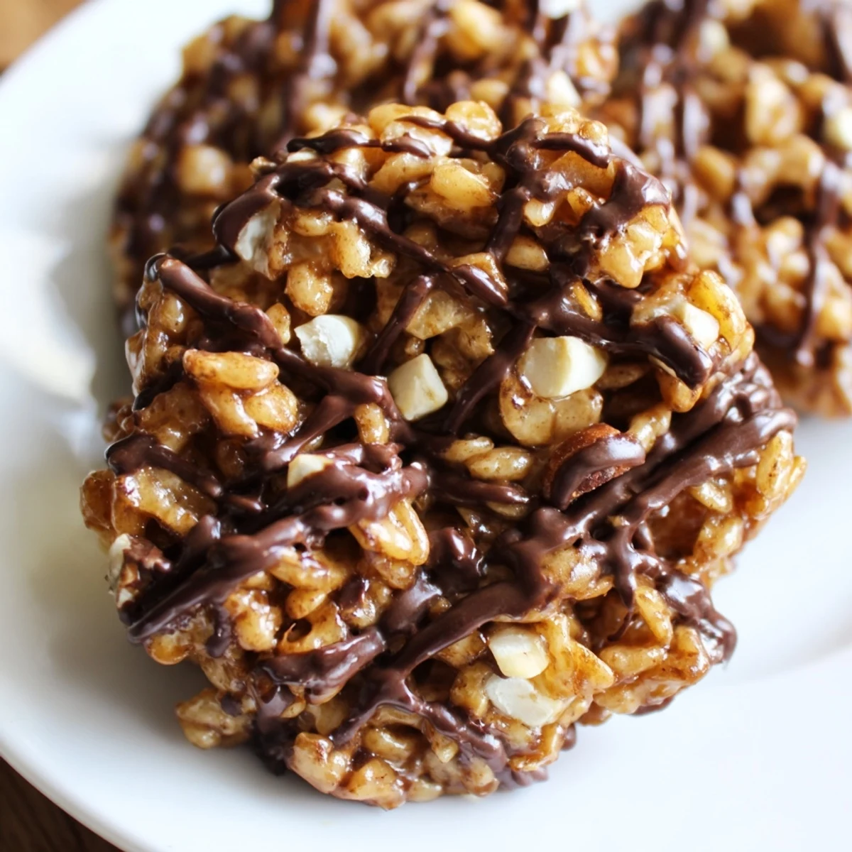 Delicious No Bake Coffee Crunch Rice Krispie Cookies with chocolate drizzle on a rustic wooden board.