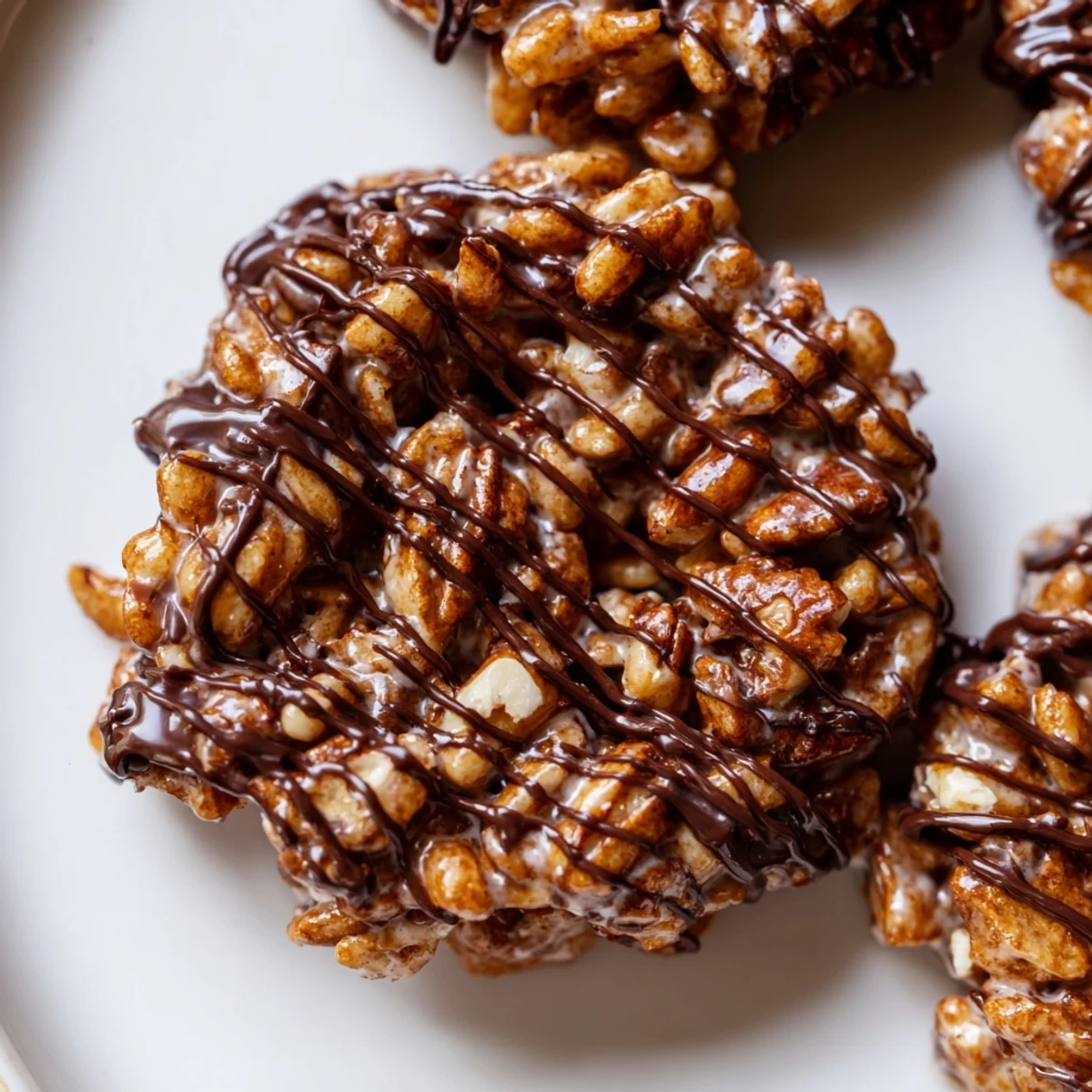 Freshly prepared No Bake Coffee Crunch Rice Krispie Cookies displayed on a white plate with coffee beans.