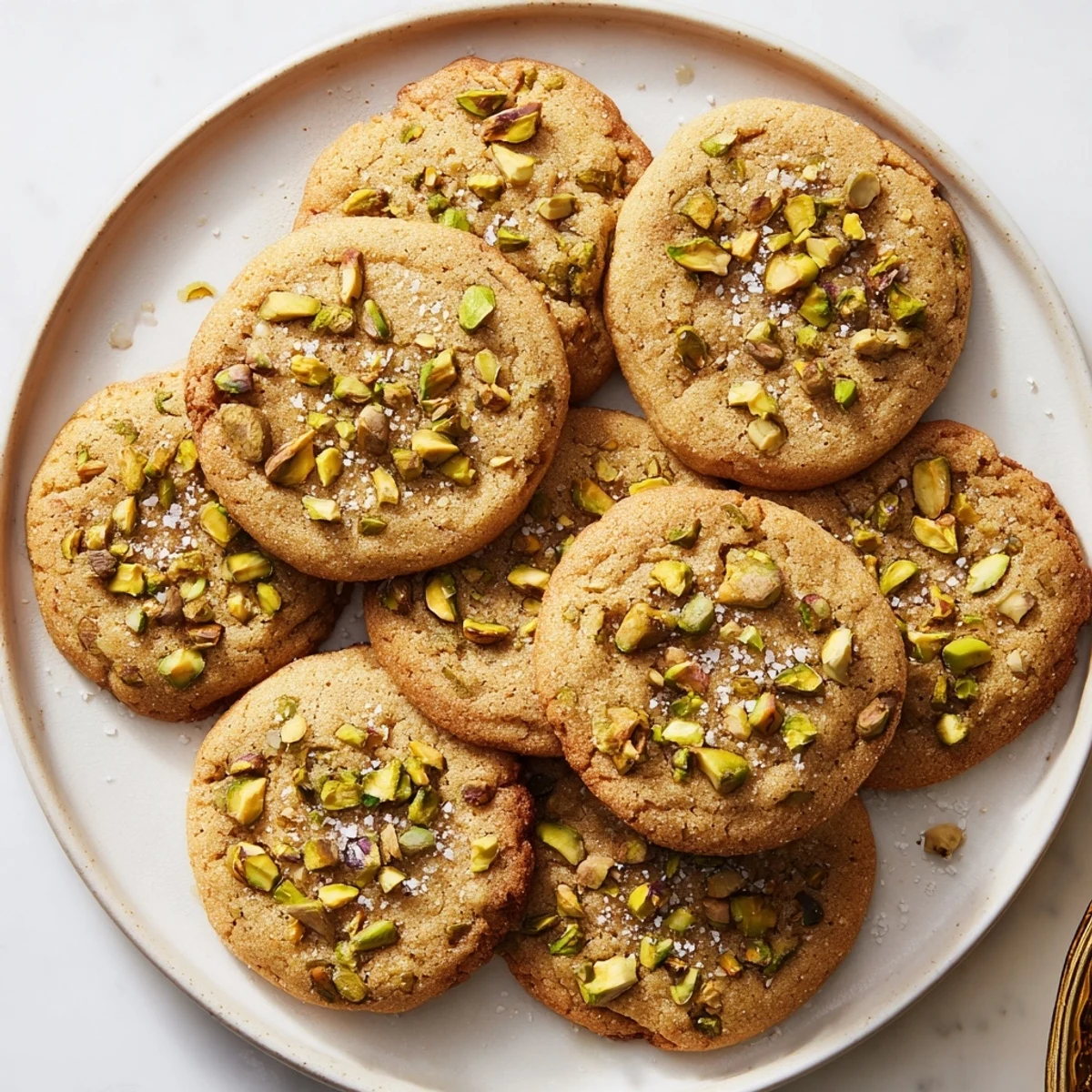 Close-up of Salted Honey Pistachio Cookies with flaky sea salt glistening, perfect for serving with a hot cup of coffee.