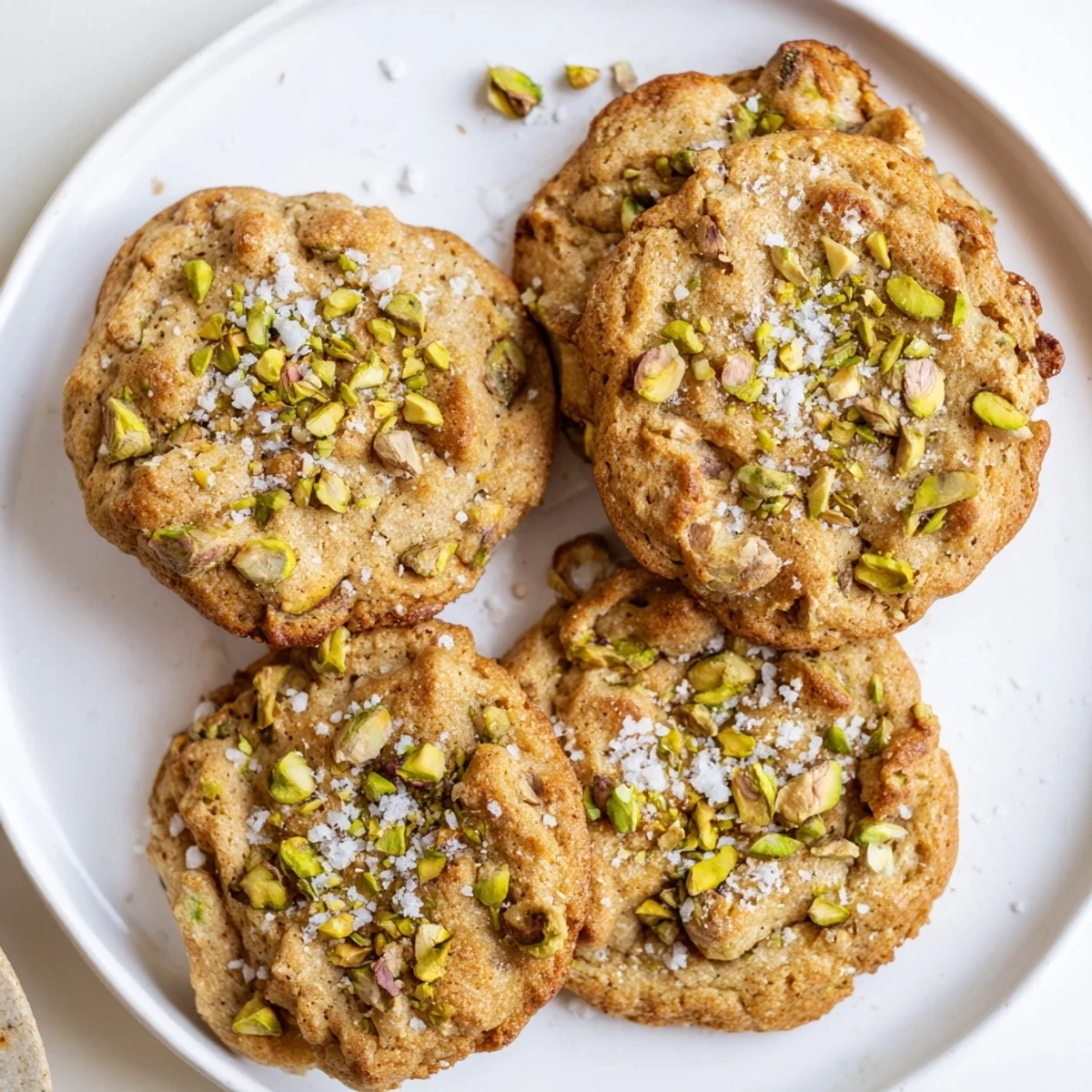 Golden Salted Honey Pistachio Cookies arranged on a cooling rack, showcasing chewy centers and crunchy pistachio pieces.
