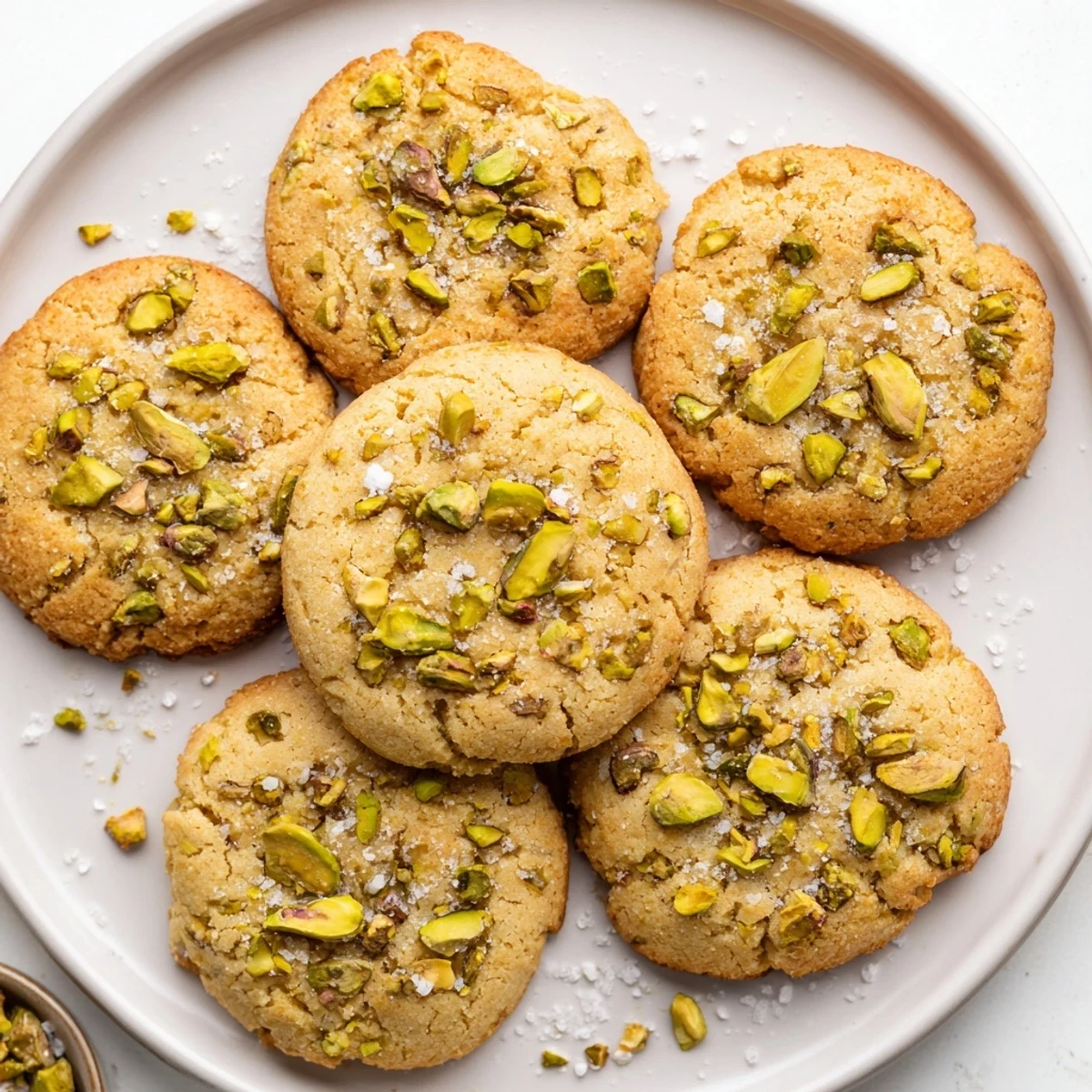 Freshly baked Salted Honey Pistachio Cookies stacked on a rustic plate, highlighting the sweet and salty flavor combination.