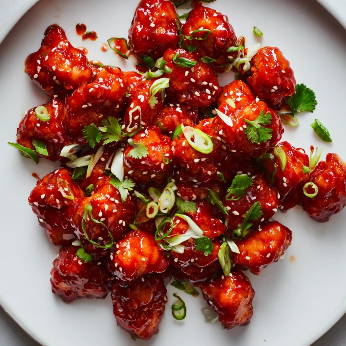 Golden-brown chicken pieces in Sweet and Spicy Thai Chicken glisten with a vibrant red-orange glaze, garnished with green onions and sesame seeds.