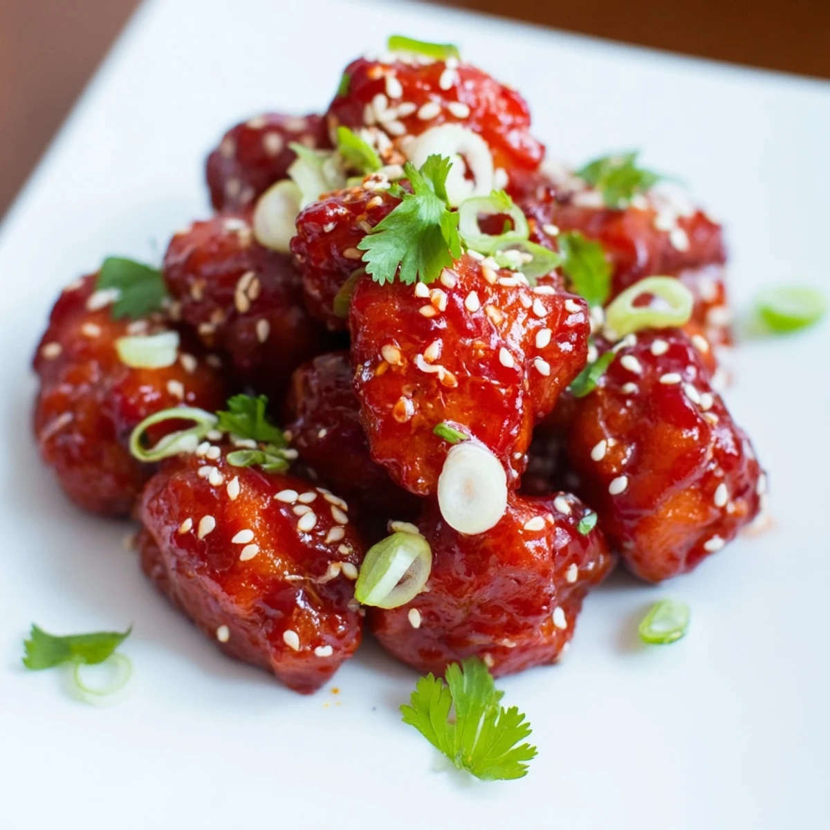 A close-up of Sweet and Spicy Thai Chicken reveals tender, saucy chicken in a savory Thai-inspired glaze, paired with lime wedges.