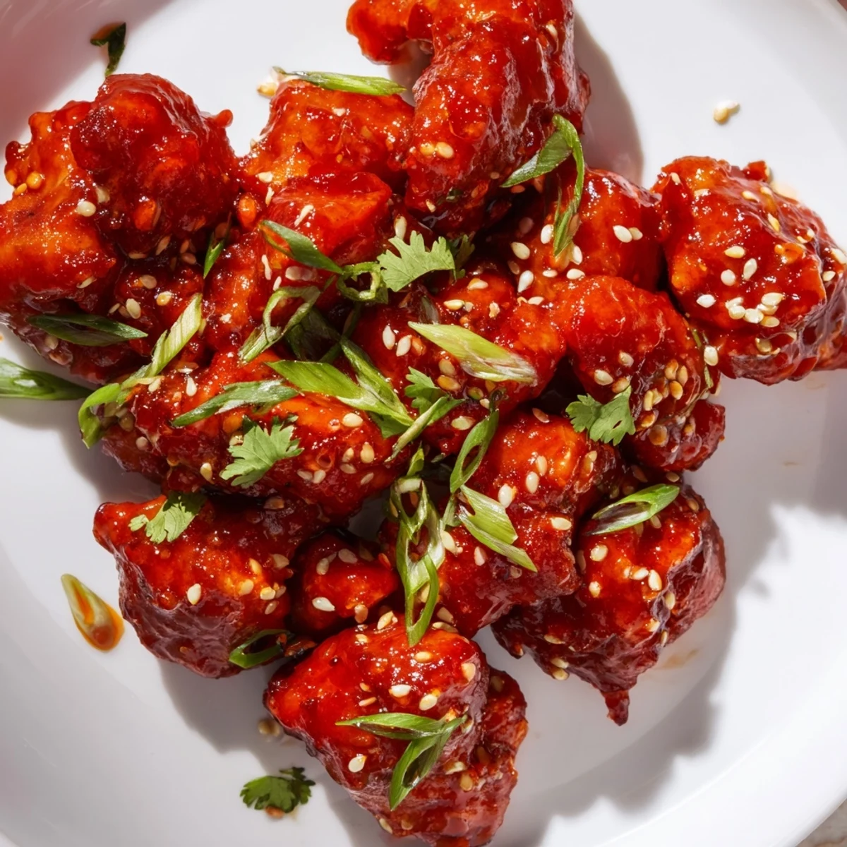 Plated Sweet and Spicy Thai Chicken served over fluffy white rice with fresh cilantro and a drizzle of glossy sauce.