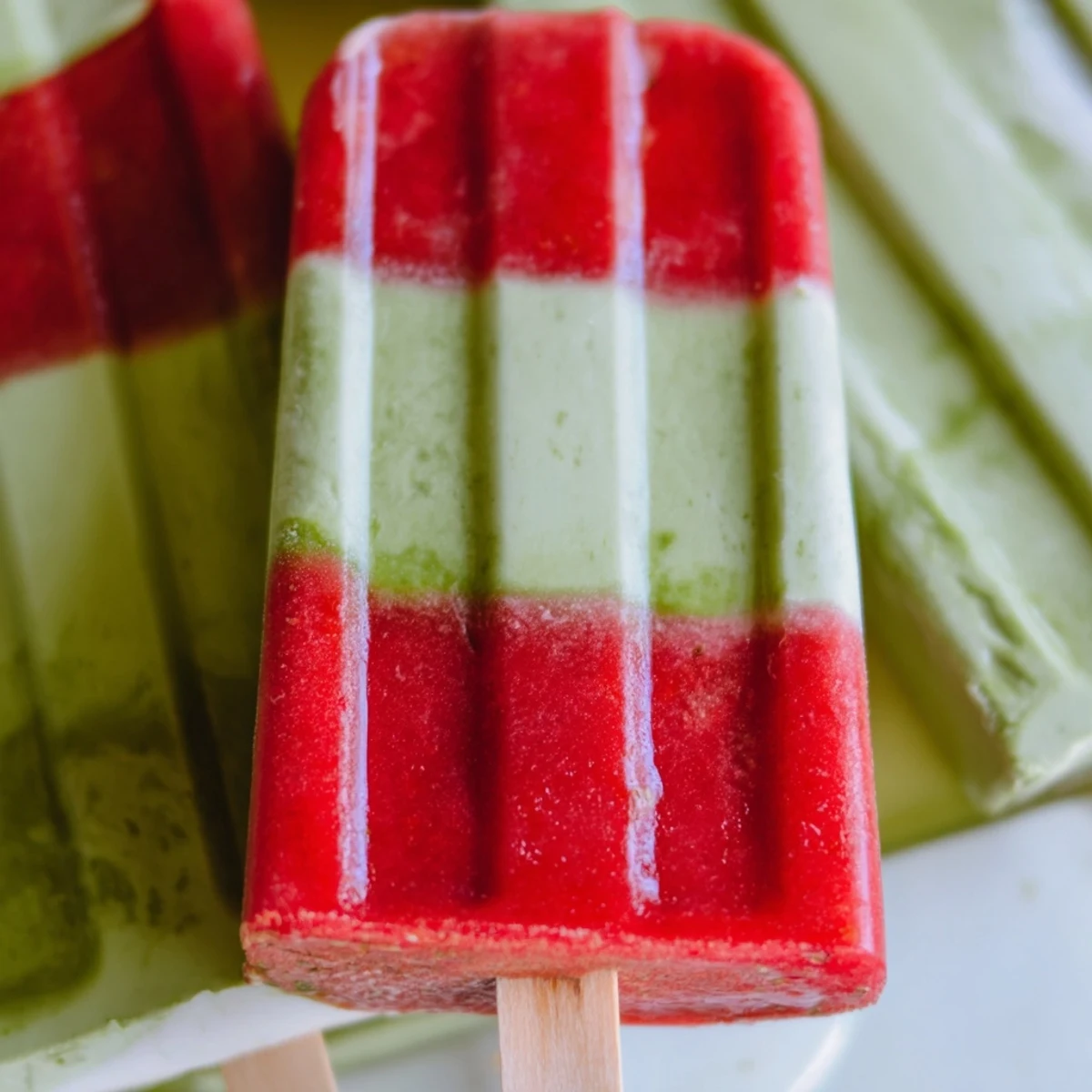 Two layered popsicles showing a vibrant pink strawberry base and a smooth pale green matcha latte top, held by a hand on a sunny porch.