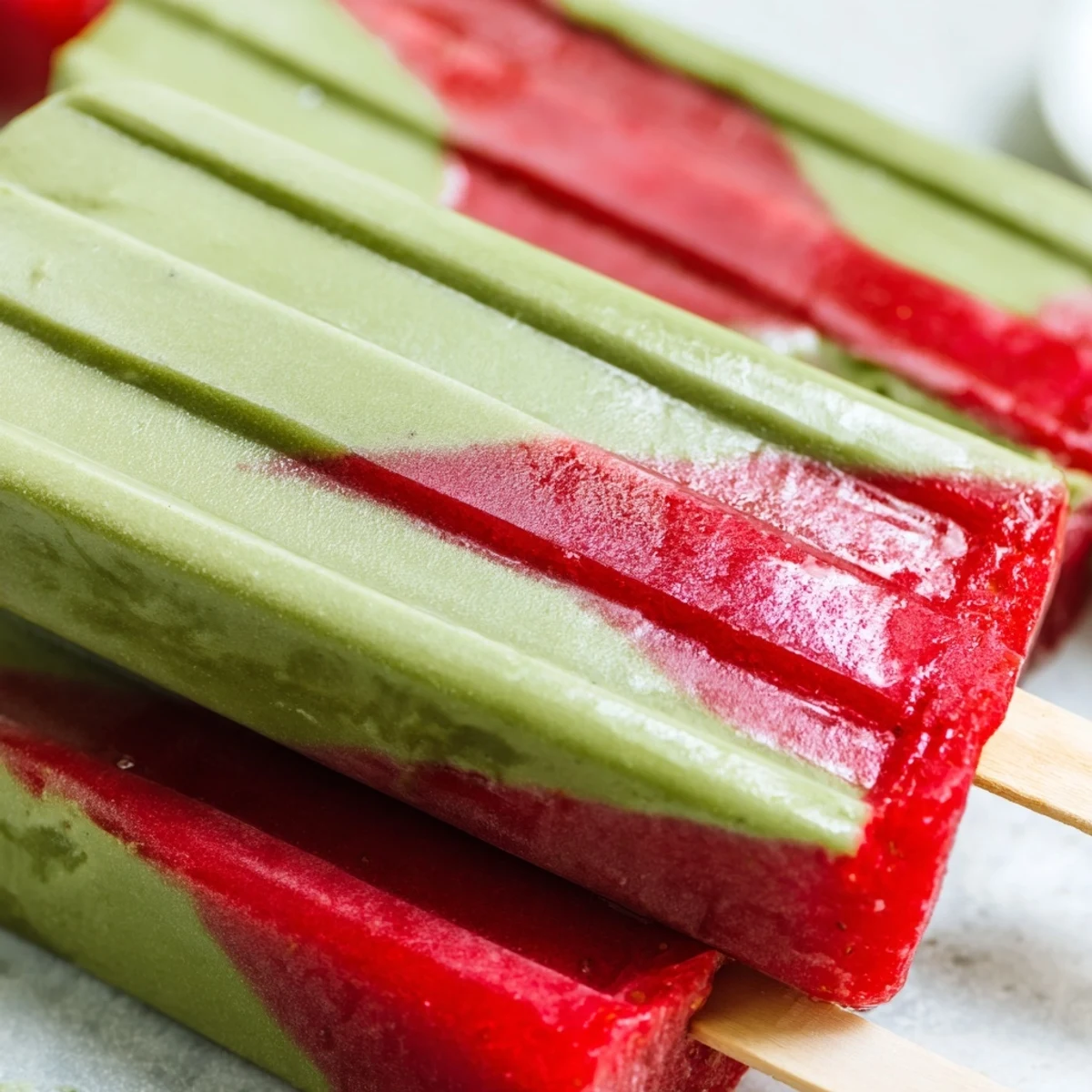 Frozen Strawberry Matcha Latte Popsicles on a wooden board, garnished with fresh mint and sliced strawberries for a refreshing summer dessert.