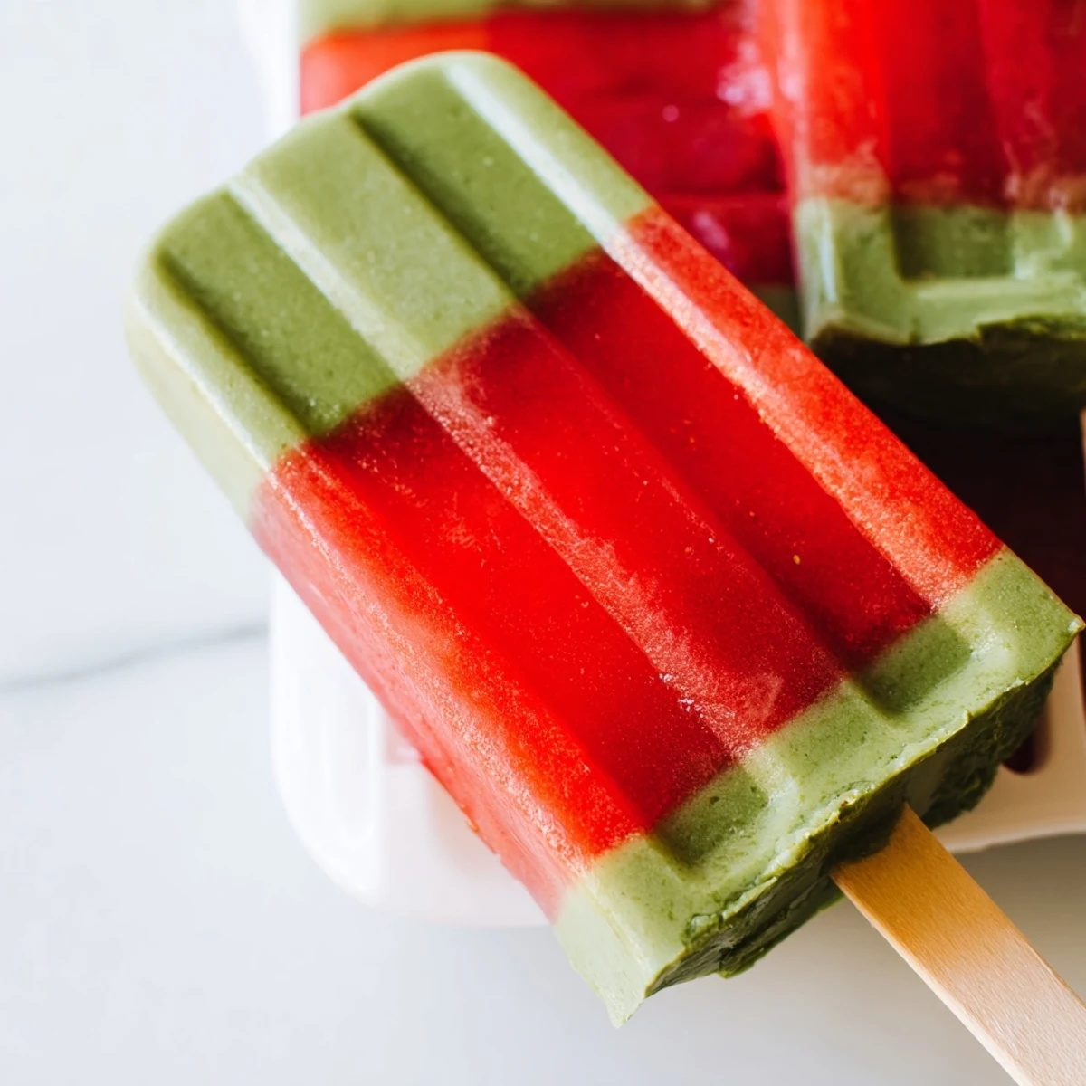 Close-up of creamy Strawberry Matcha Latte Popsicles melting slightly, with condensation on the side, ready to serve at an afternoon picnic.
