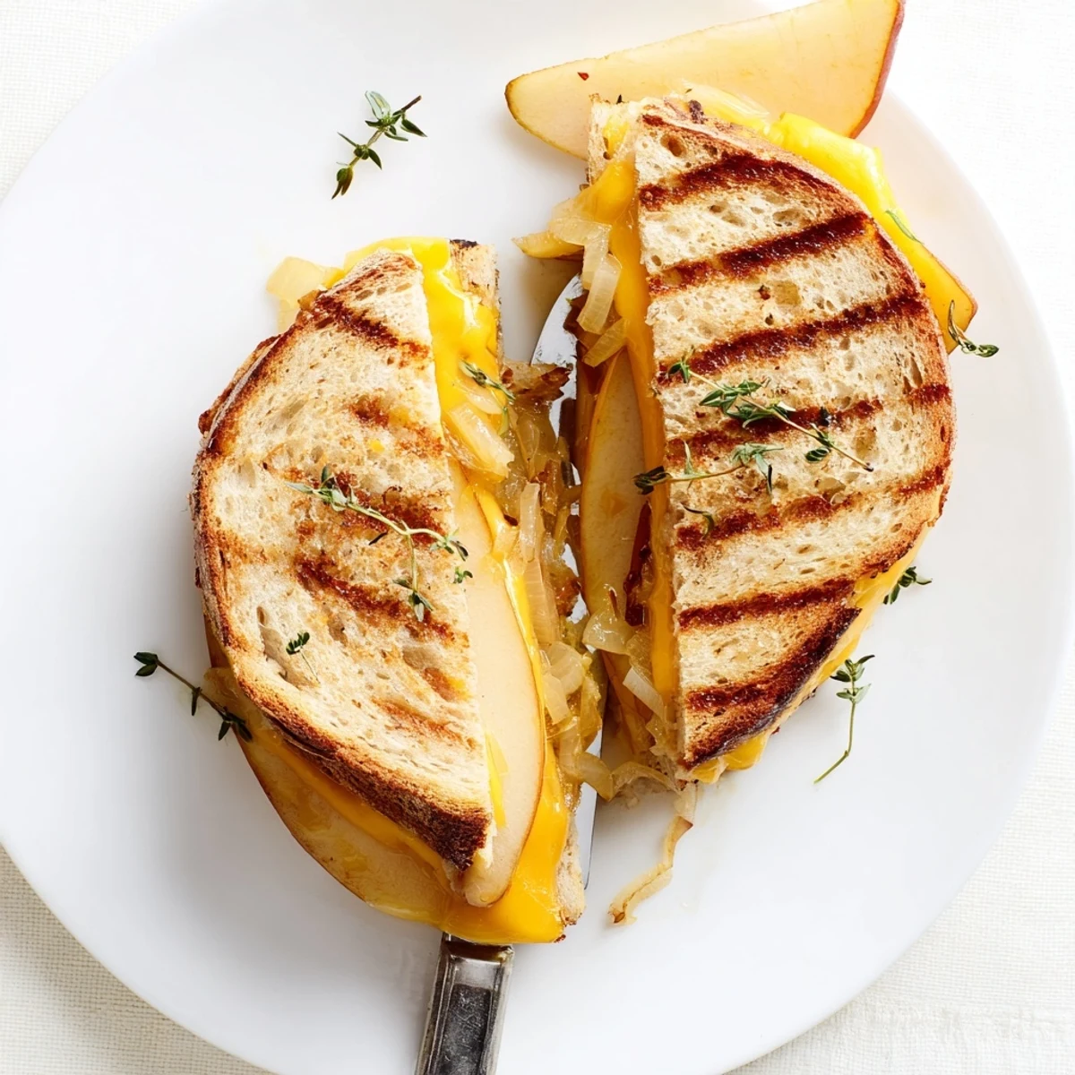 Golden slices of sourdough bread filled with sweet pear and apple, melted cheddar, and savory caramelized onions, stacked on a rustic cutting board.