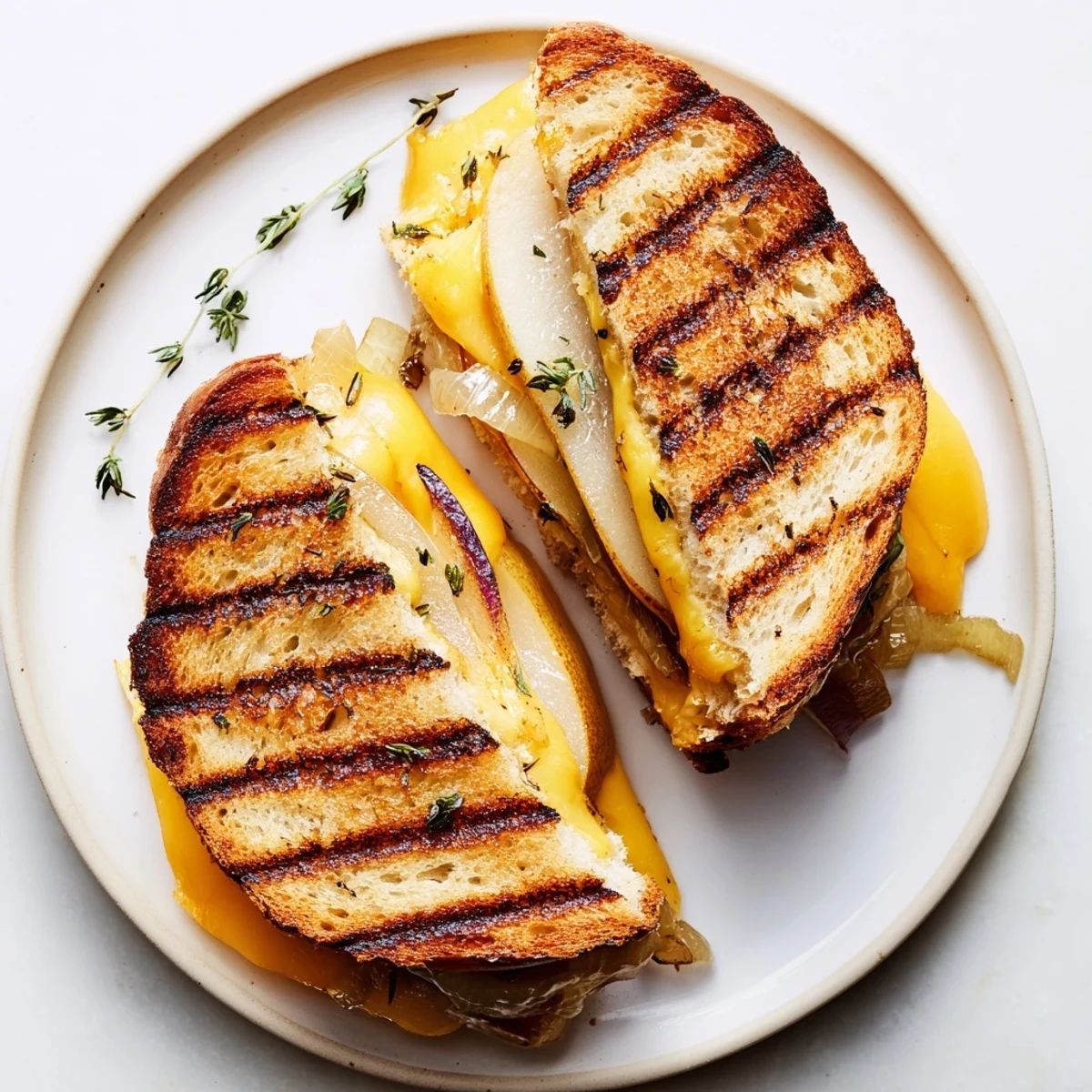Pear, Apple & Grilled Cheese with Caramelized Onions resting on a white plate next to a small green salad for a balanced meal.