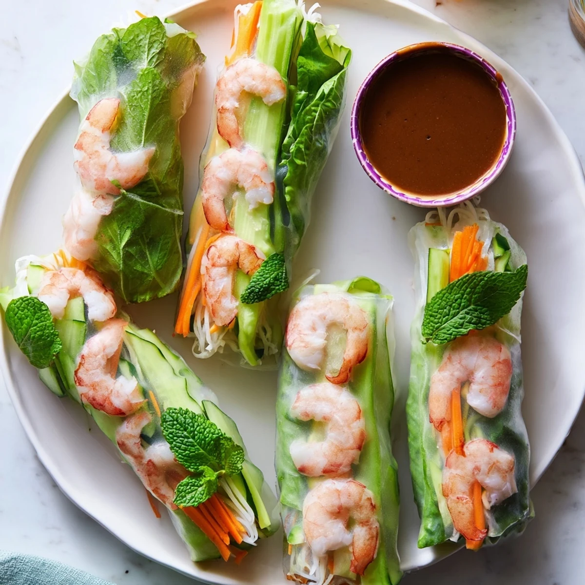 A close-up of Vietnamese Spring Rolls with shrimp, cucumber, and herbs, served with a creamy peanut dipping sauce on a rustic table.  