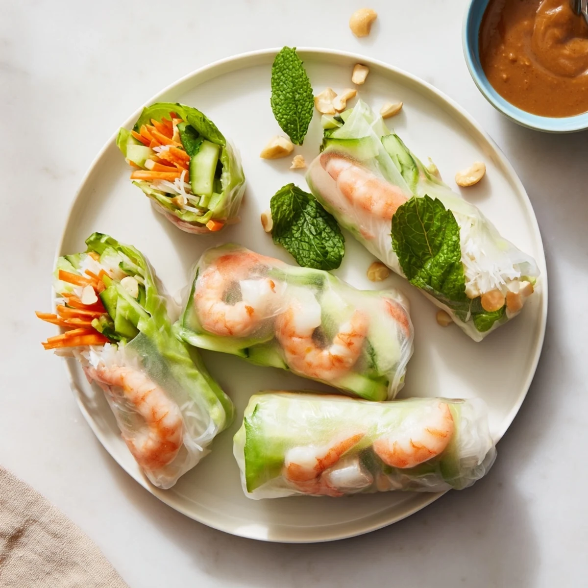 Freshly rolled Vietnamese Spring Rolls filled with crisp carrots, vermicelli, and herbs, displayed on a wooden board next to a small bowl of peanut sauce.  