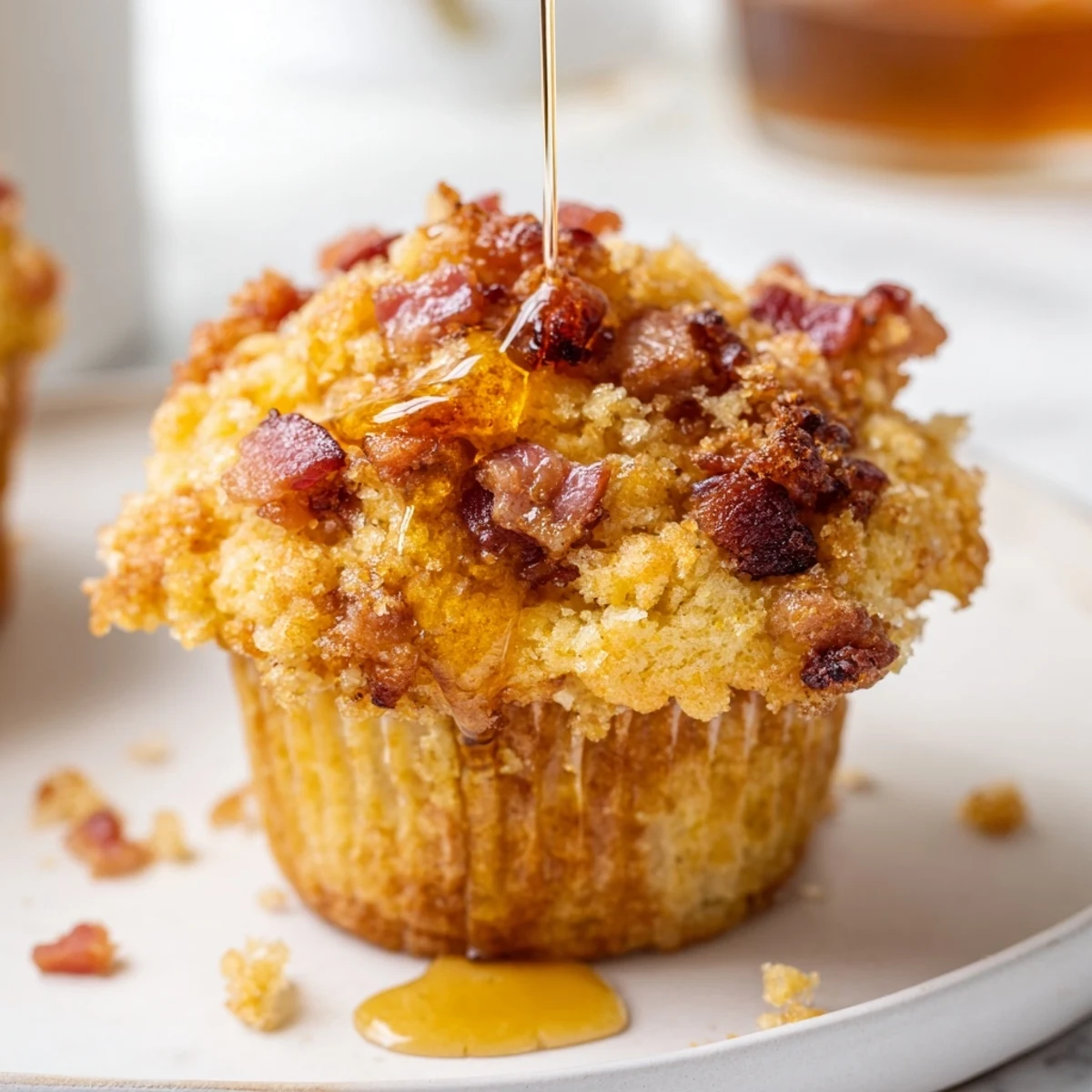 Fluffy Maple Bacon Pancake Muffins cooling on a wire rack with syrup drizzle.