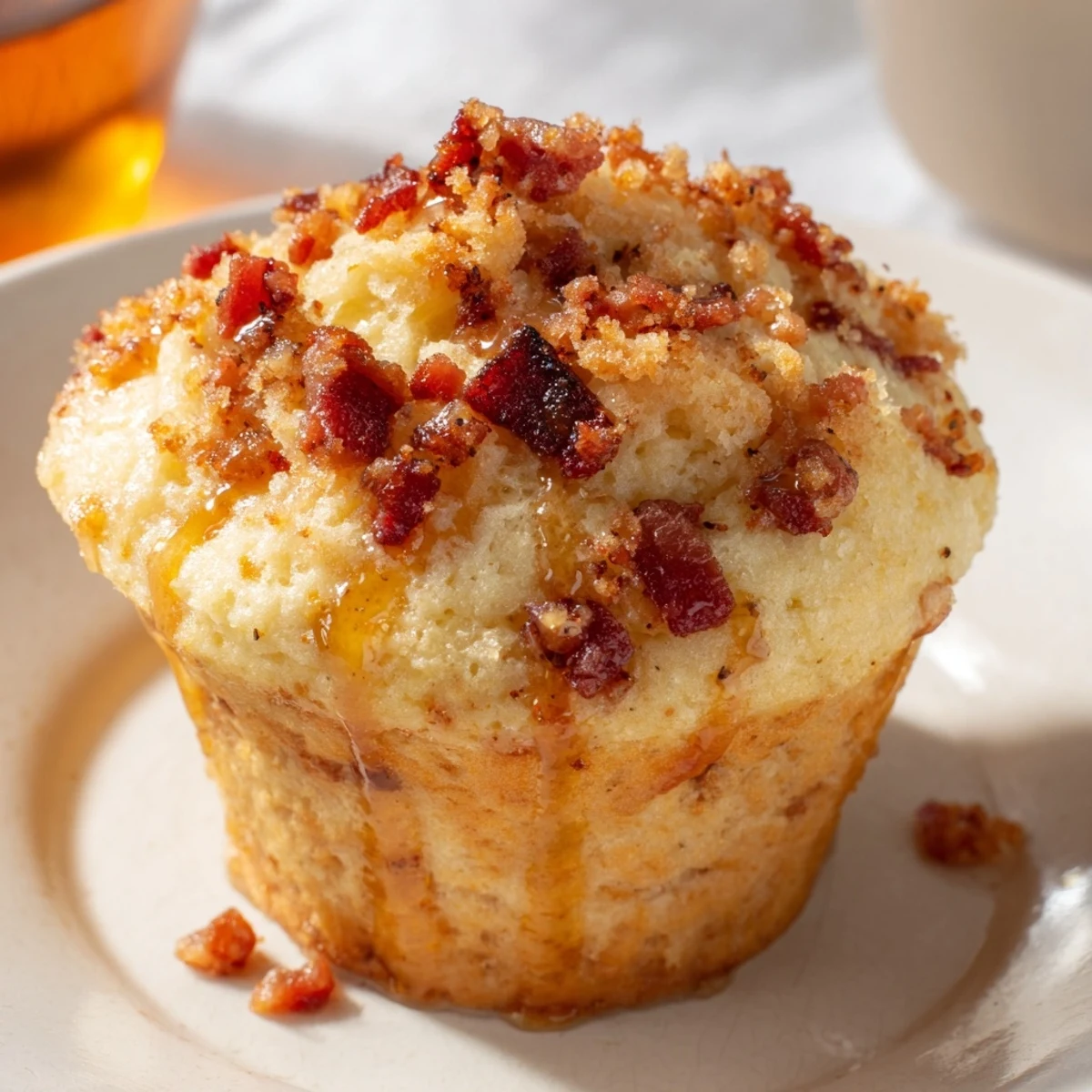 A close-up of Maple Bacon Pancake Muffins with crispy bacon bits inside.