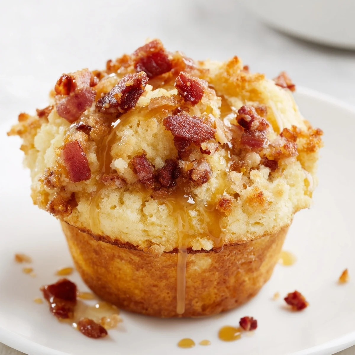 Stack of warm Maple Bacon Pancake Muffins served with butter and coffee.