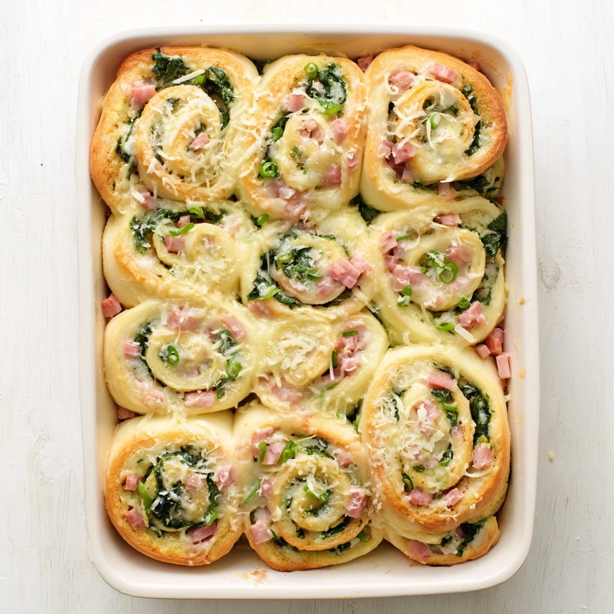 Golden-brown Savory Spinach and Ham Breakfast Rolls sit in a ceramic dish, their flaky layers revealing green spinach and melted cheese.