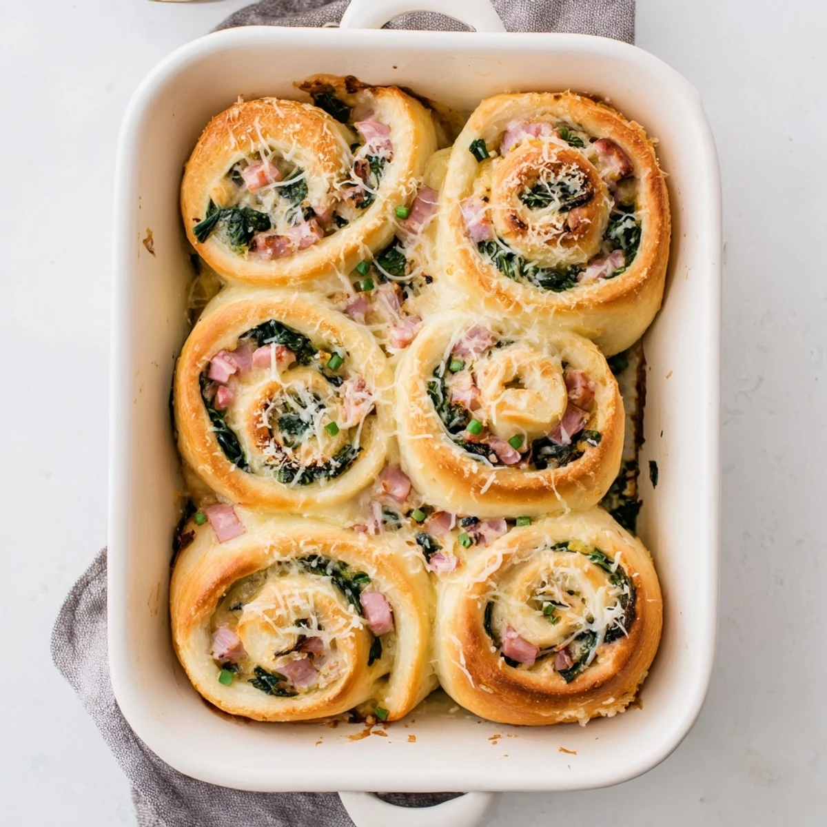 Freshly baked Savory Spinach and Ham Breakfast Rolls are brushed with butter and topped with grated Parmesan on a wooden board.