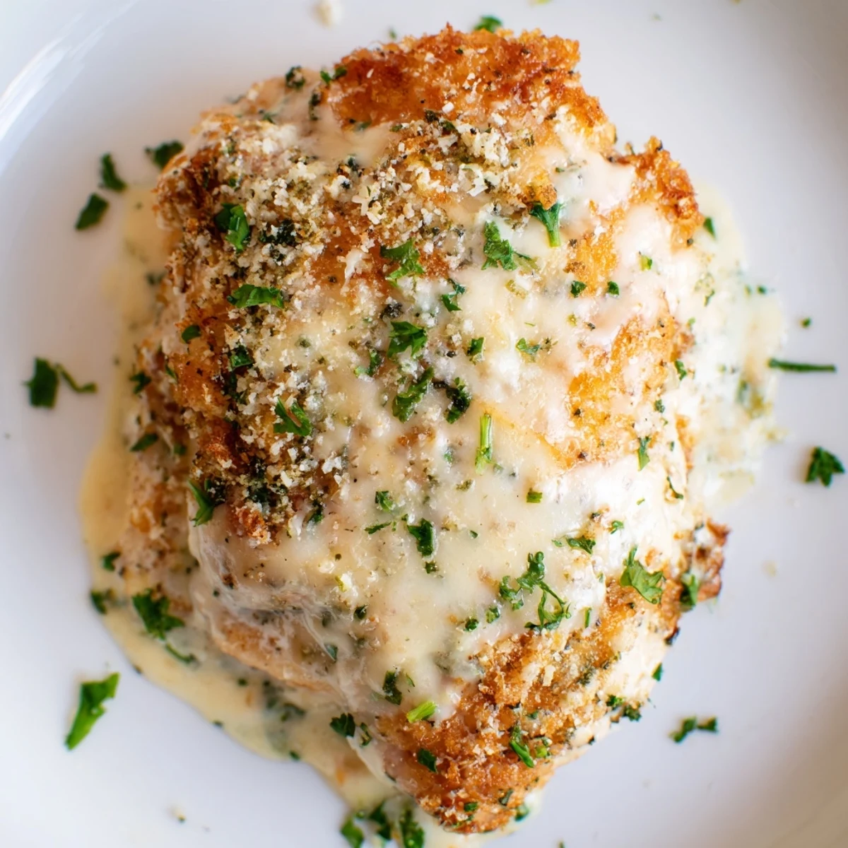 Golden-brown Melt In Your Mouth Chicken breasts covered in creamy parmesan sauce, fresh out of the oven and ready to serve.