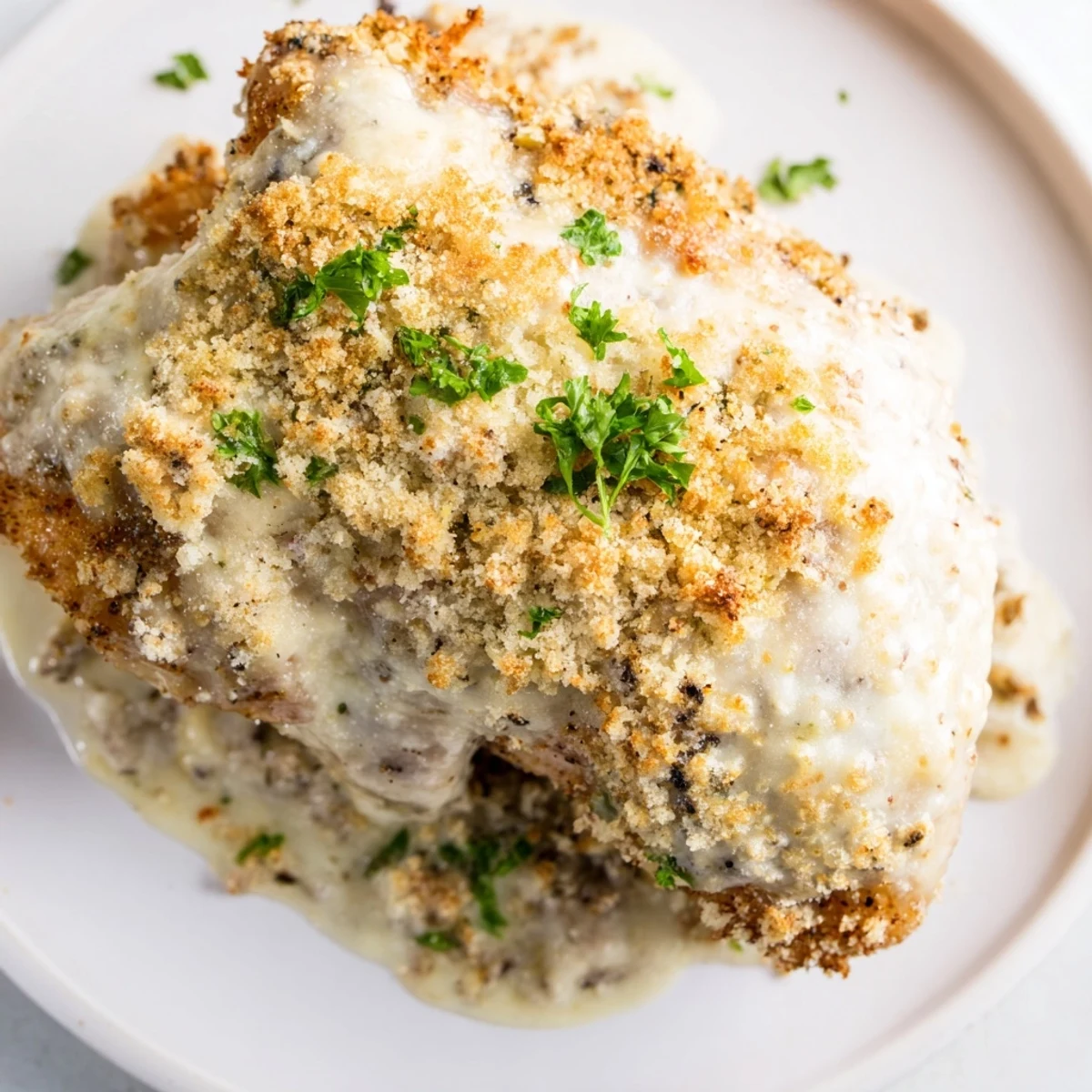 Tender, juicy Melt In Your Mouth Chicken with a rich, golden topping garnished with fresh parsley on a wooden table.