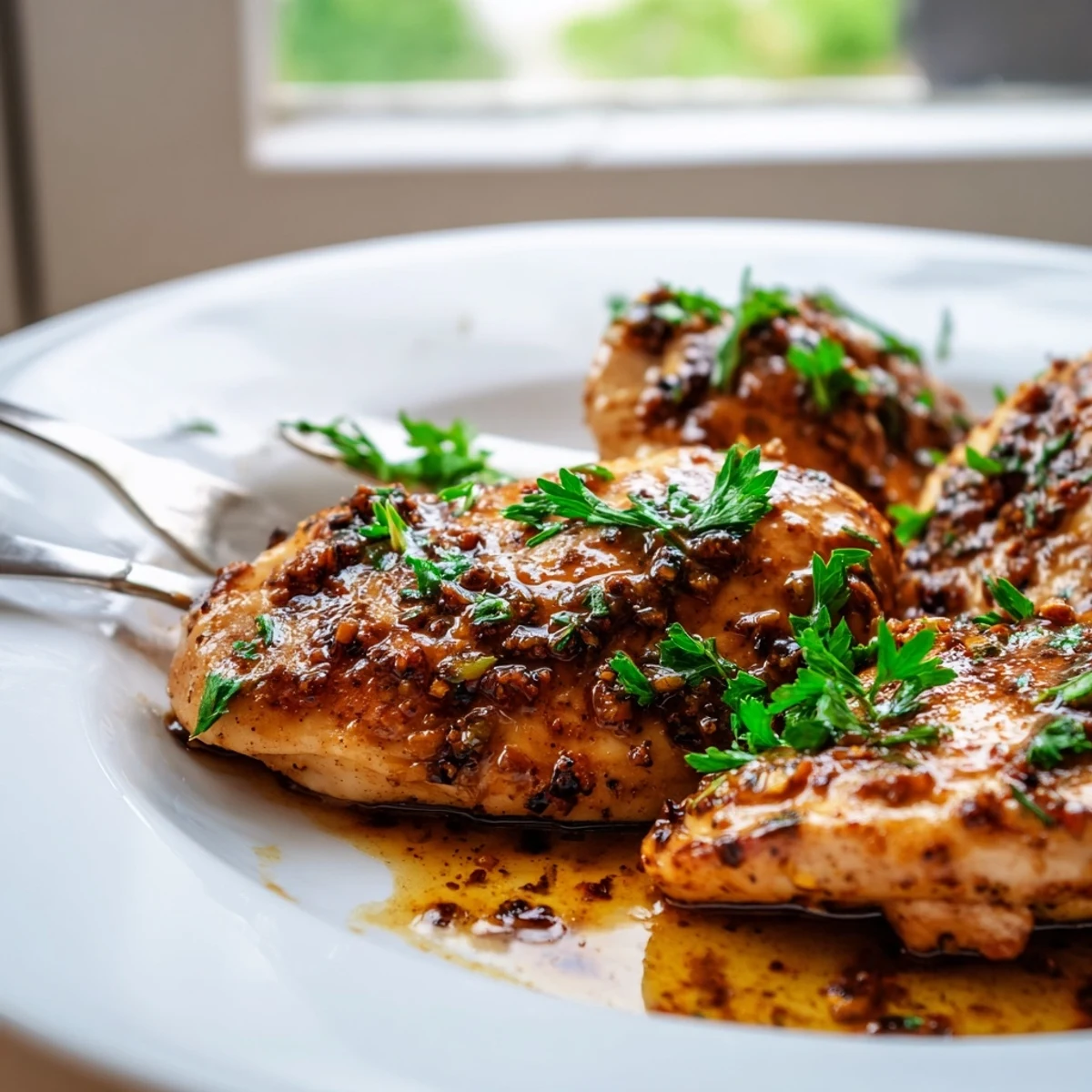 Garlic Butter Chicken showcases juicy seared chicken coated in a glossy, herb-infused butter pan sauce.