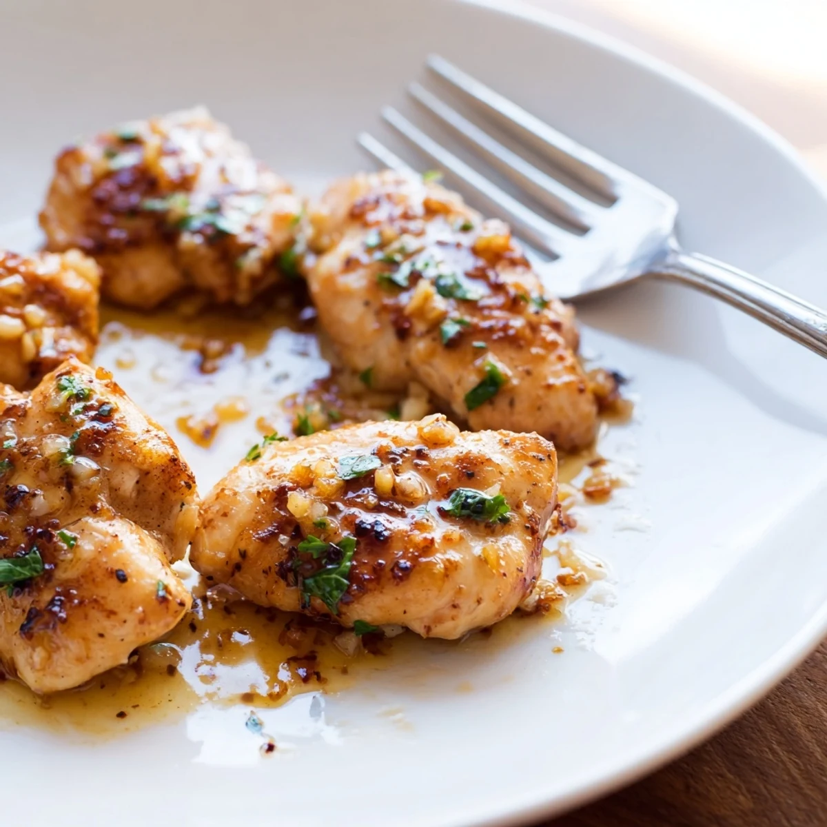 Golden-brown Garlic Butter Chicken breasts rest in a rich, aromatic sauce flecked with fresh parsley.