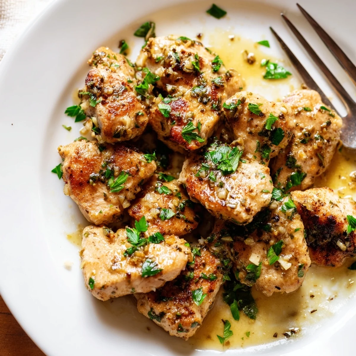 A close-up of tender Garlic Butter Chicken with lemon wedges and parsley garnish for serving.