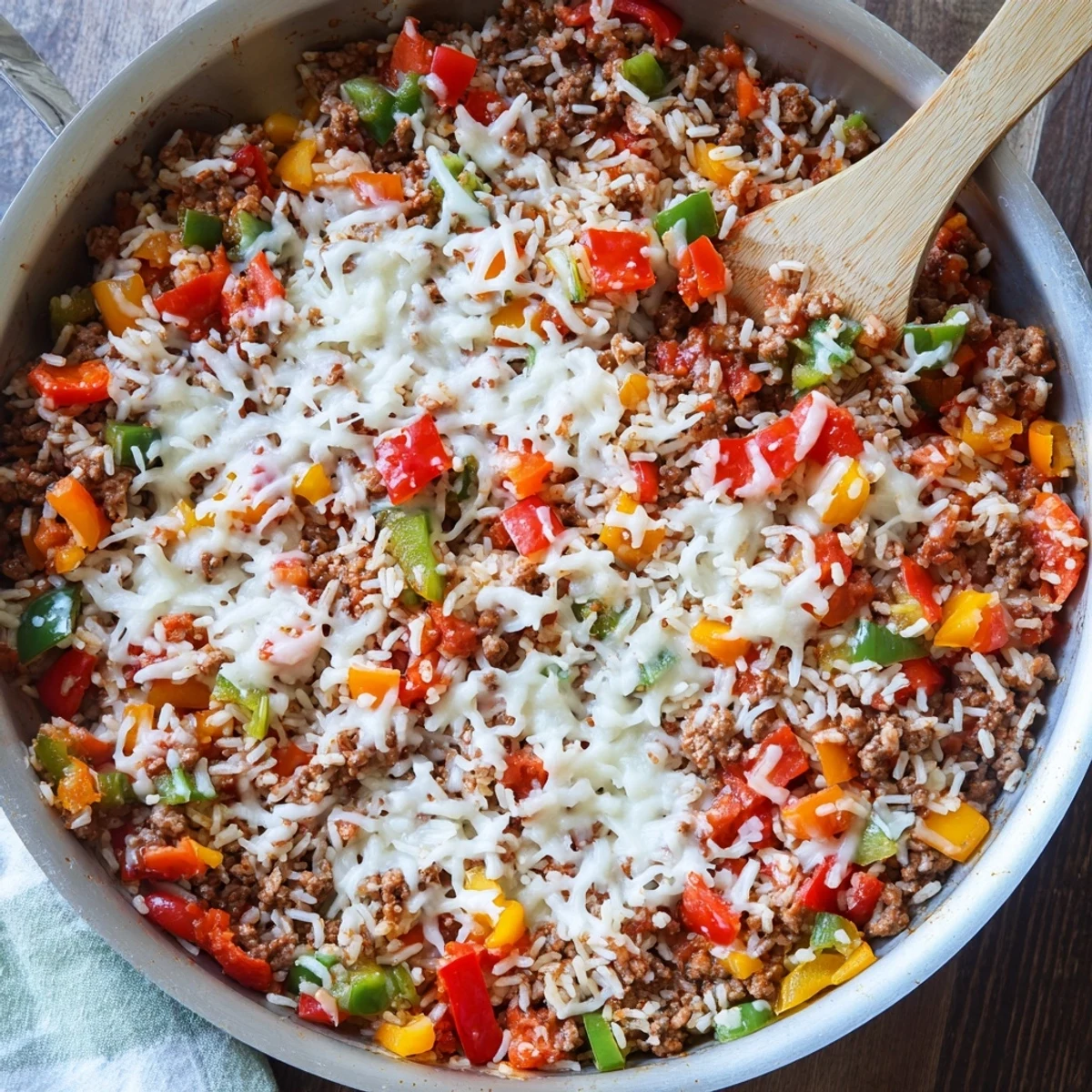 Overhead view of Unstuffed Pepper Skillet served in a skillet, garnished with fresh parsley and a side salad.